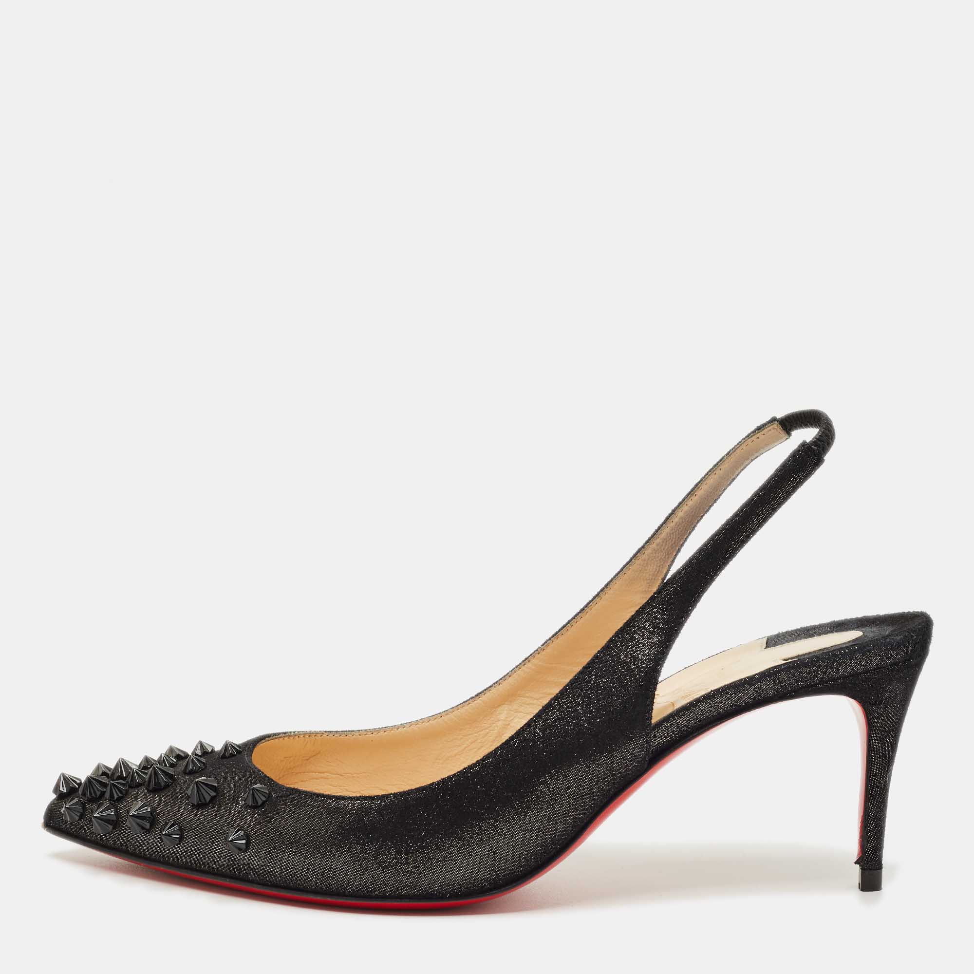 

Christian Louboutin Black Suede Drama Spikes Slingback Pumps Size 36