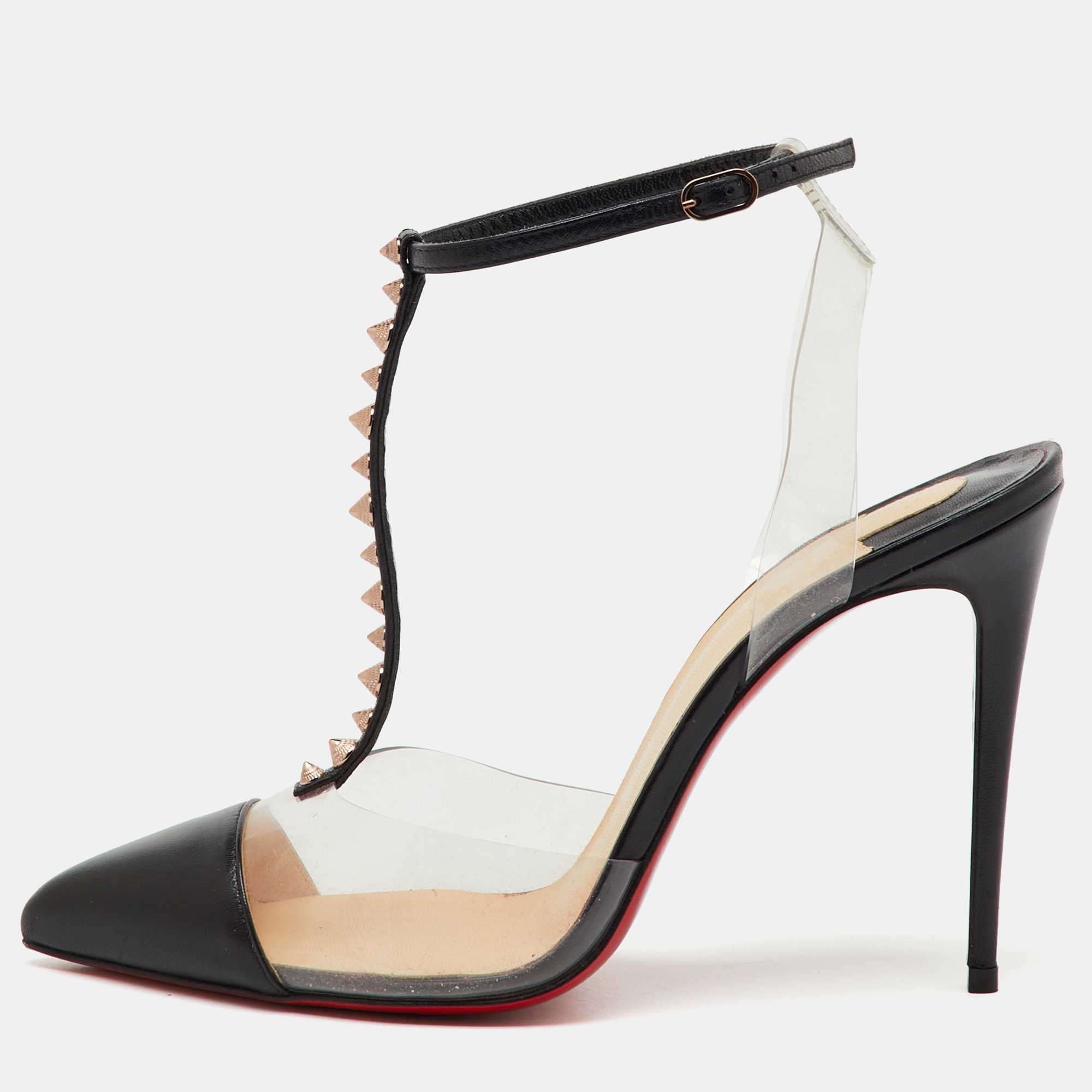Christian Louboutin Black Leather and PVC Nosy Spikes T-Strap Sandals Size 38