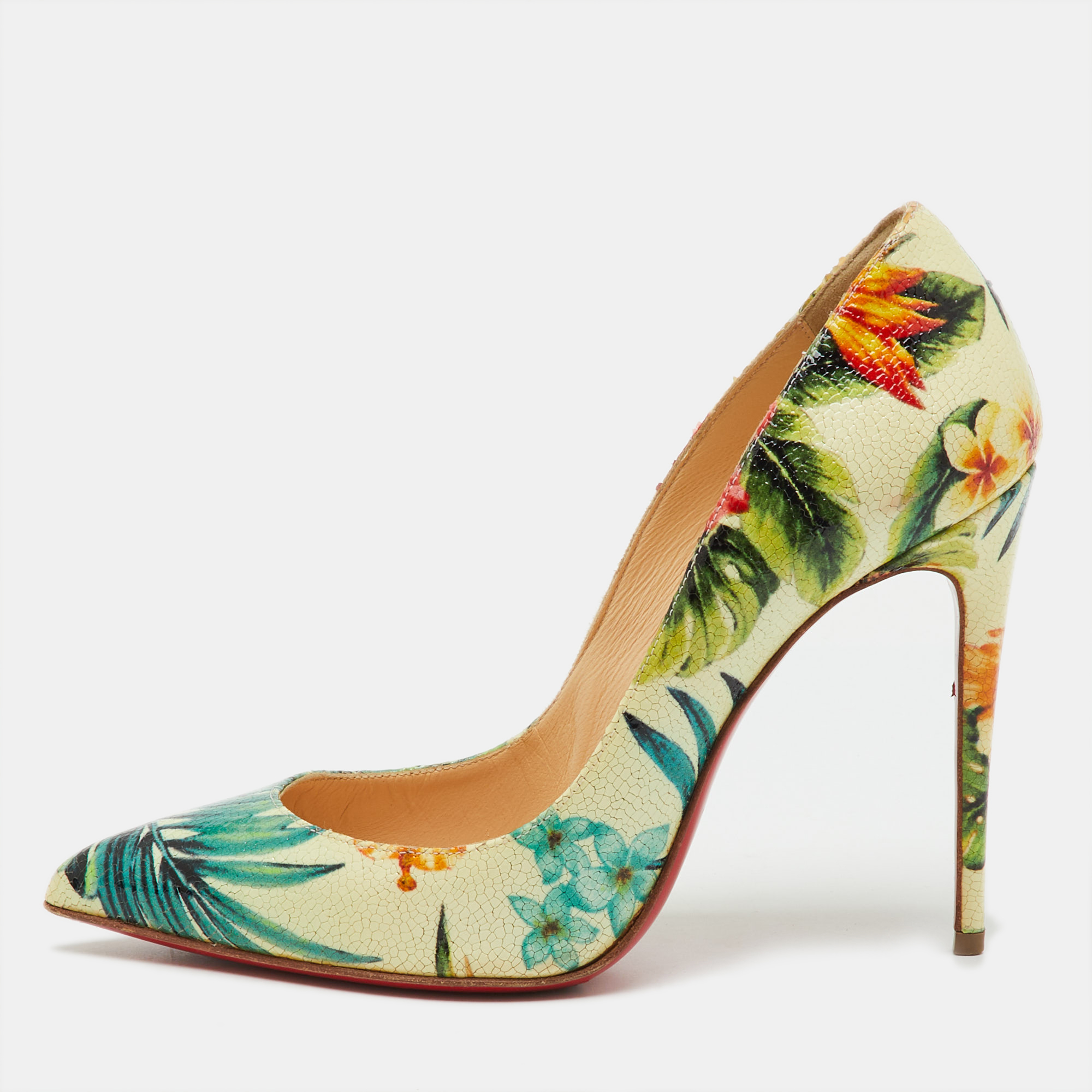 

Christian Louboutin Multicolor Hawaii Floral Print Crackled Patent Leather So Kate Pumps Size