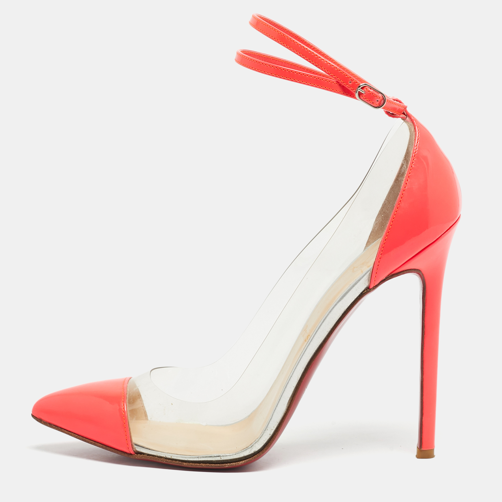 Pre-owned Christian Louboutin Pink Patent Leather And Pvc Bis Un Bout Mary Jane Pumps Size 37.5