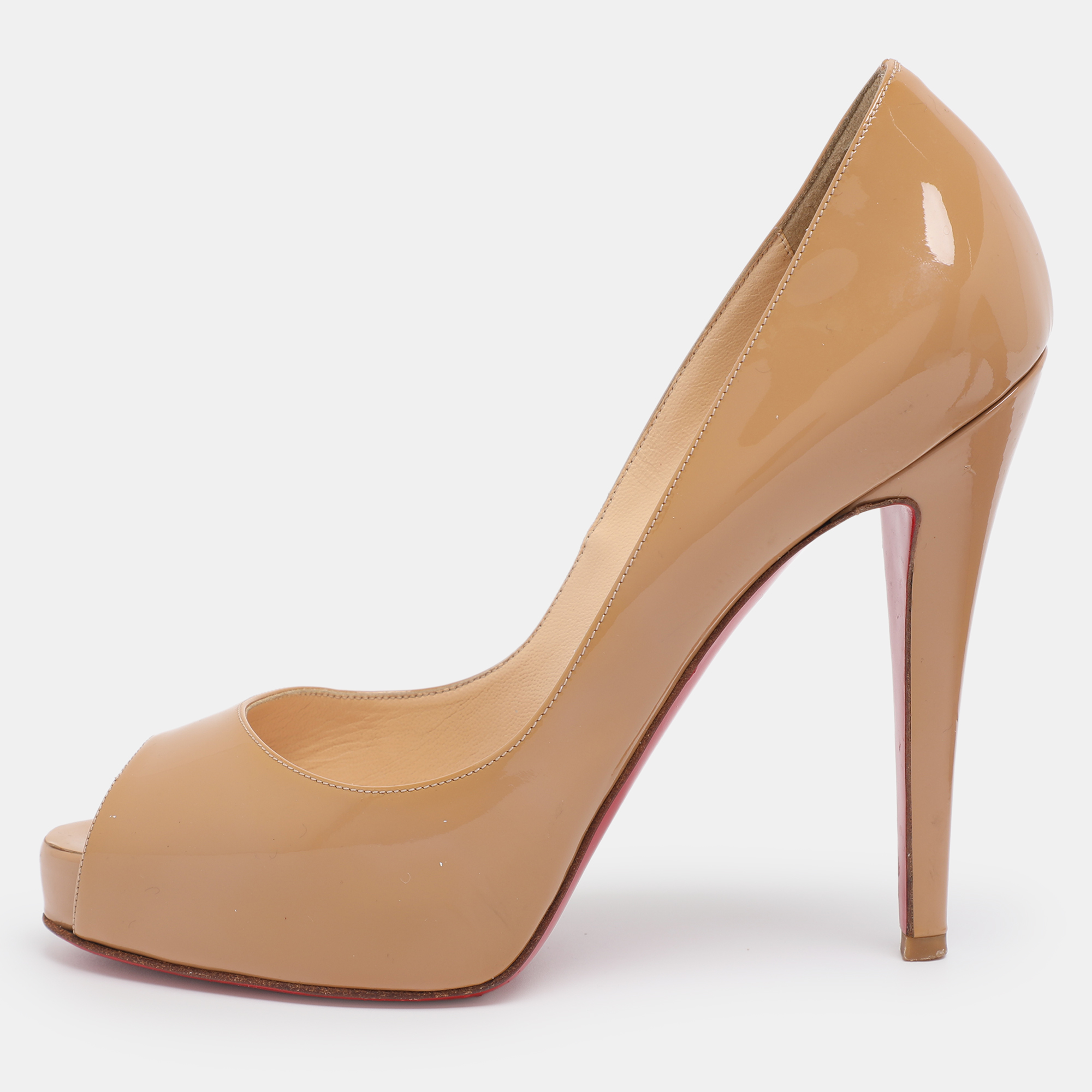 Pre-owned Christian Louboutin Beige Patent Leather Very Prive Peep Toe Platform Pumps Size 37 In Sand