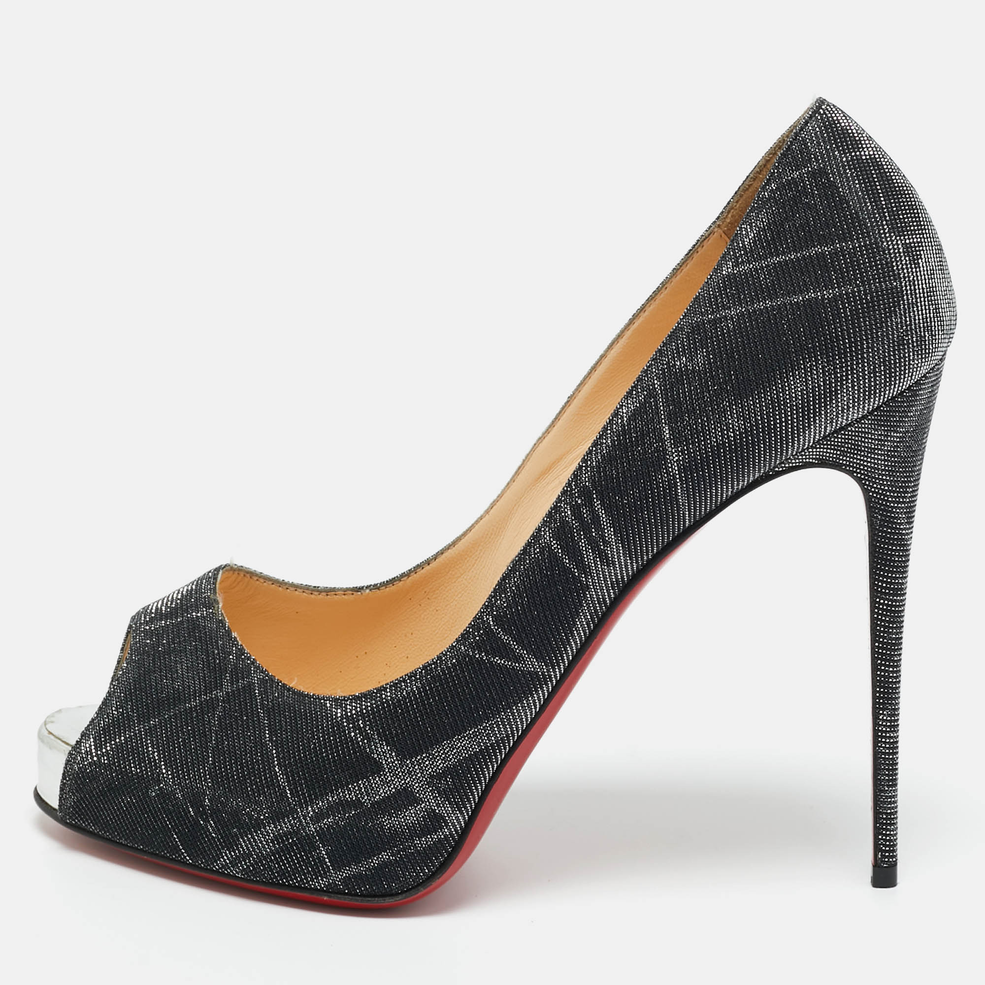 

Christian Louboutin Black Glitter Fabric New Very Prive Platform Peep Toe Pumps Size 39