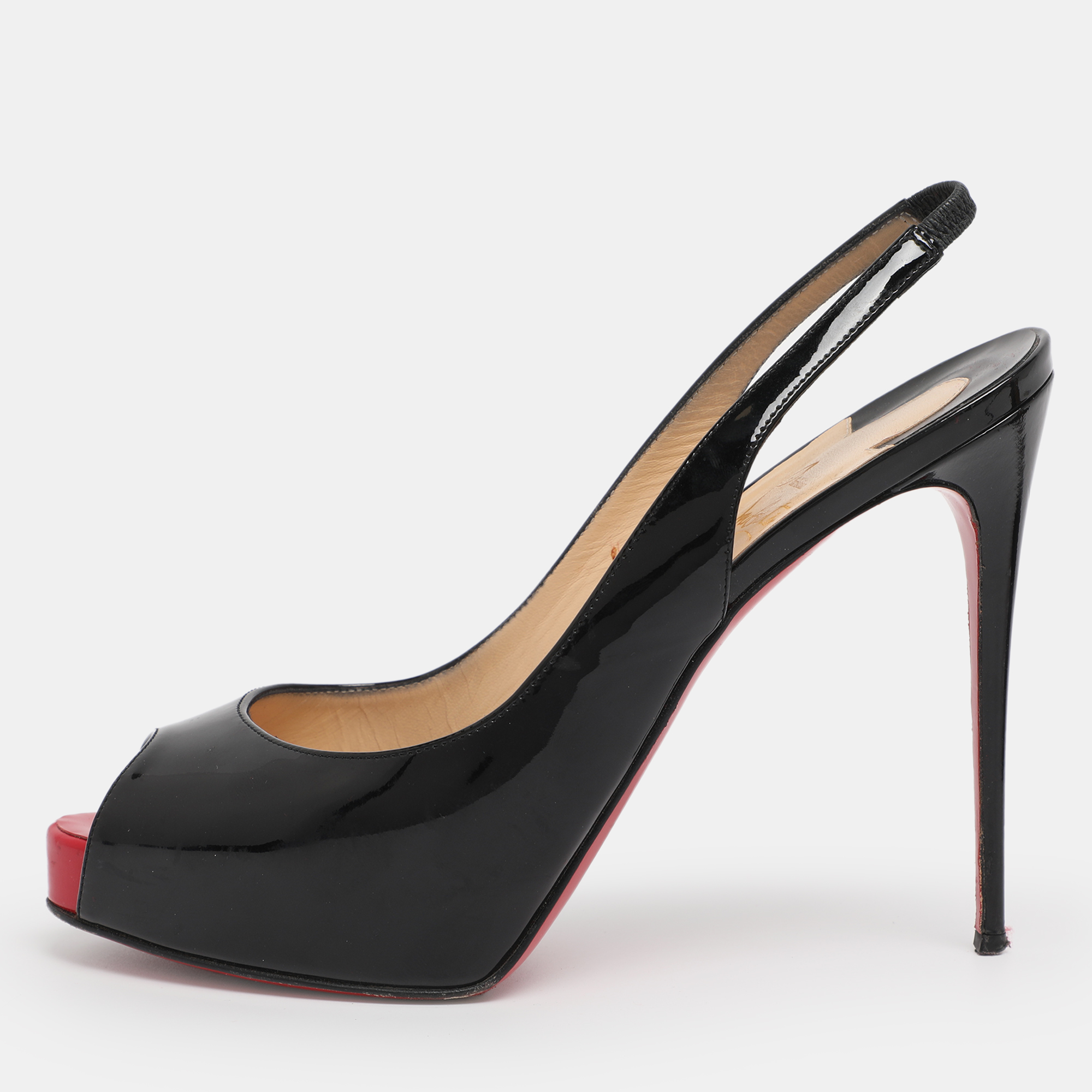 Pre-owned Christian Louboutin Black Patent Leather Private Number Slingback Pumps Size 38.5