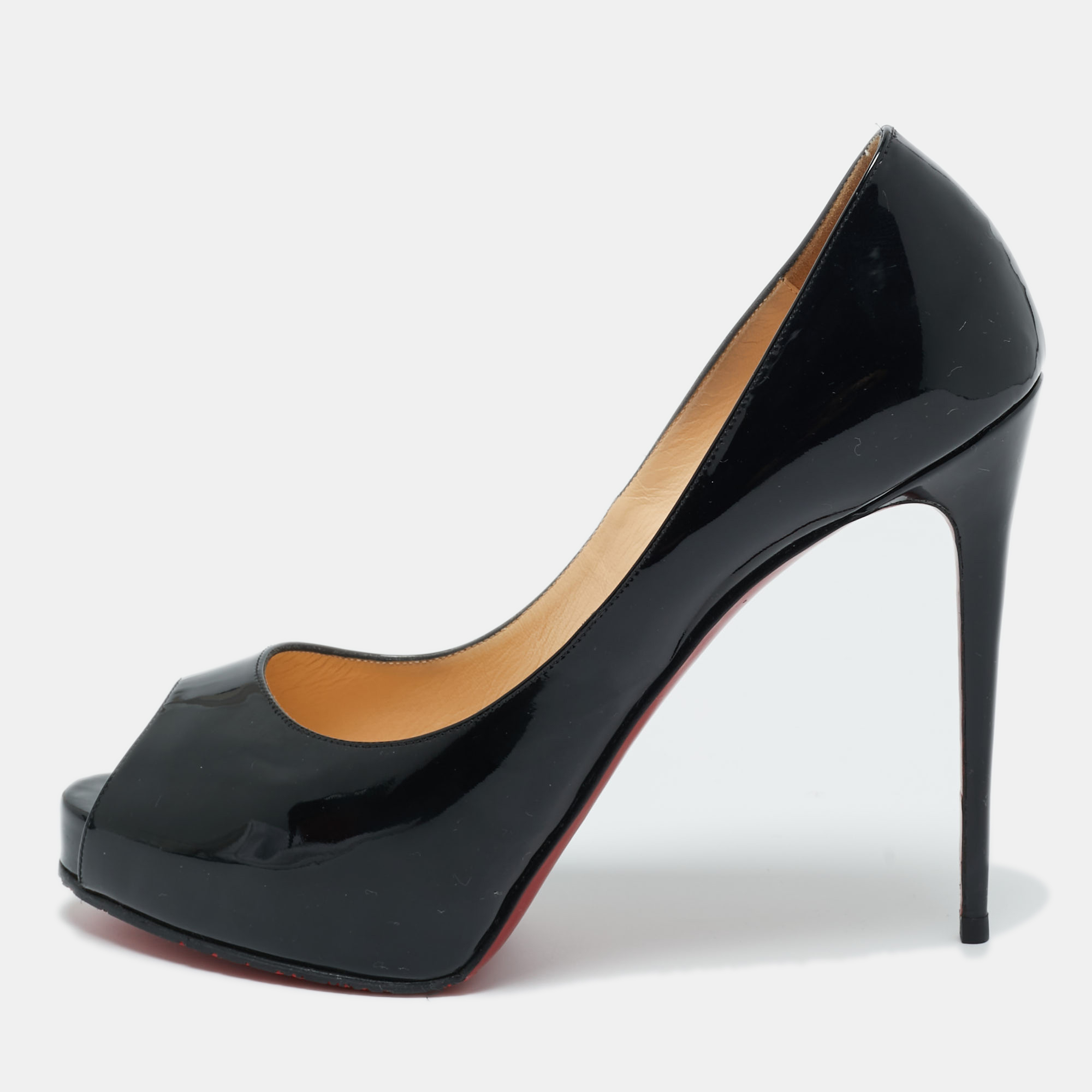 

Christian Louboutin Black Patent Leather Very Prive Peep Toe Pumps Size