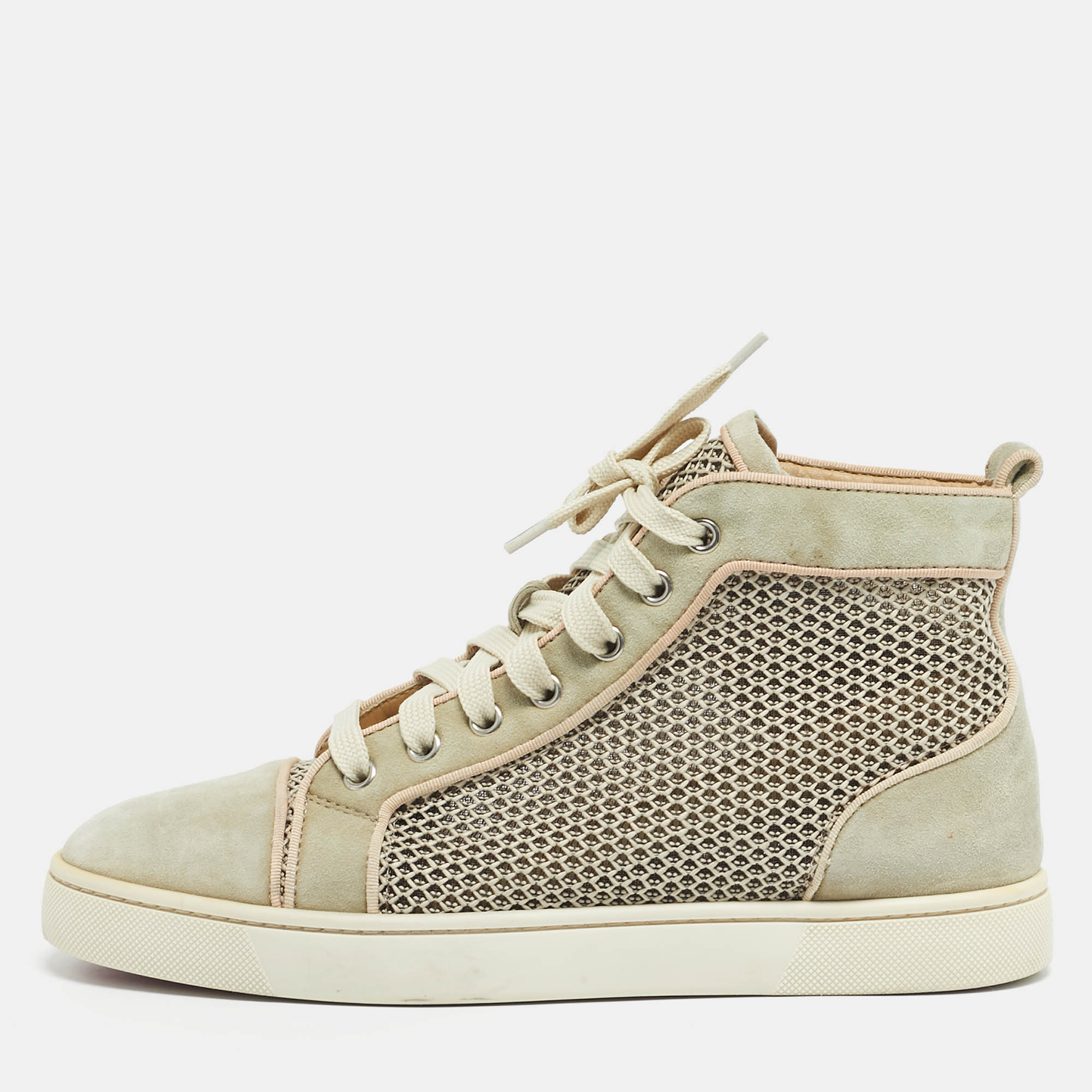 

Christian Louboutin Beige/Grey Woven Fabric and Leather Rantus Orlato High Top Sneakers Size