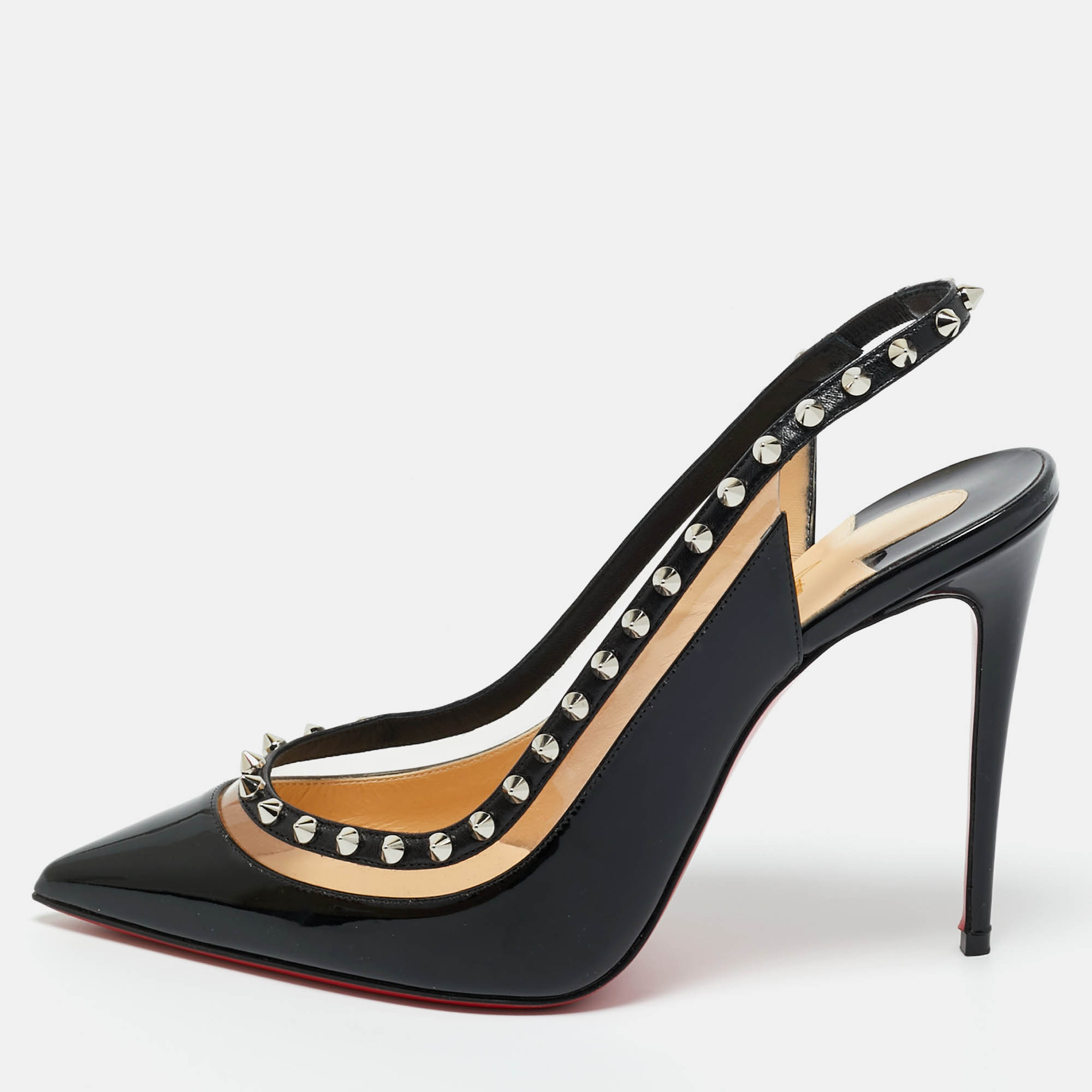 Pre-owned Christian Louboutin Black Patent Leather And Pvc Brigadine 100 Slingback Pumps Size 39.5