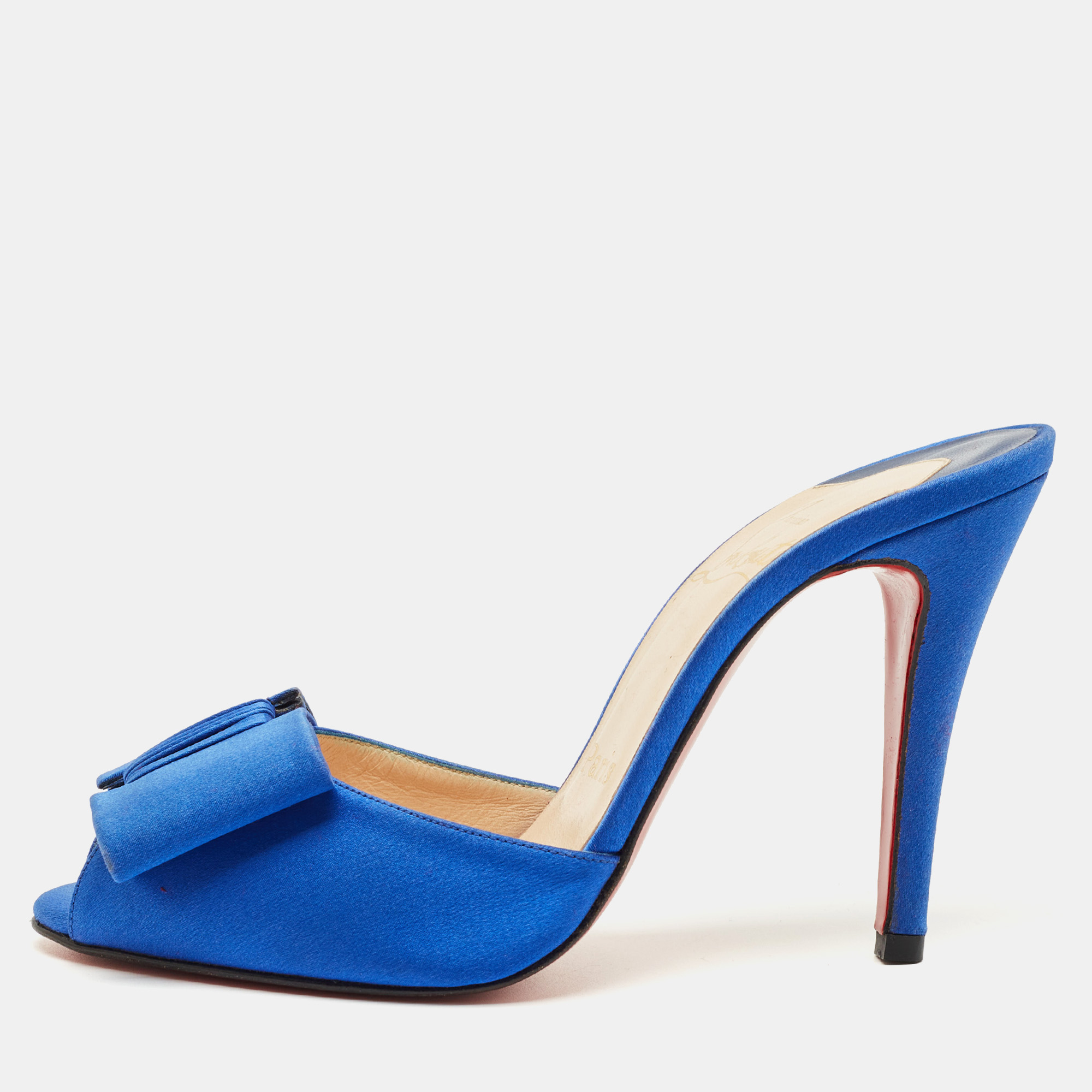 Pre-owned Christian Louboutin Blue Satin Joli-noeud Slide Sandals Size 36.5