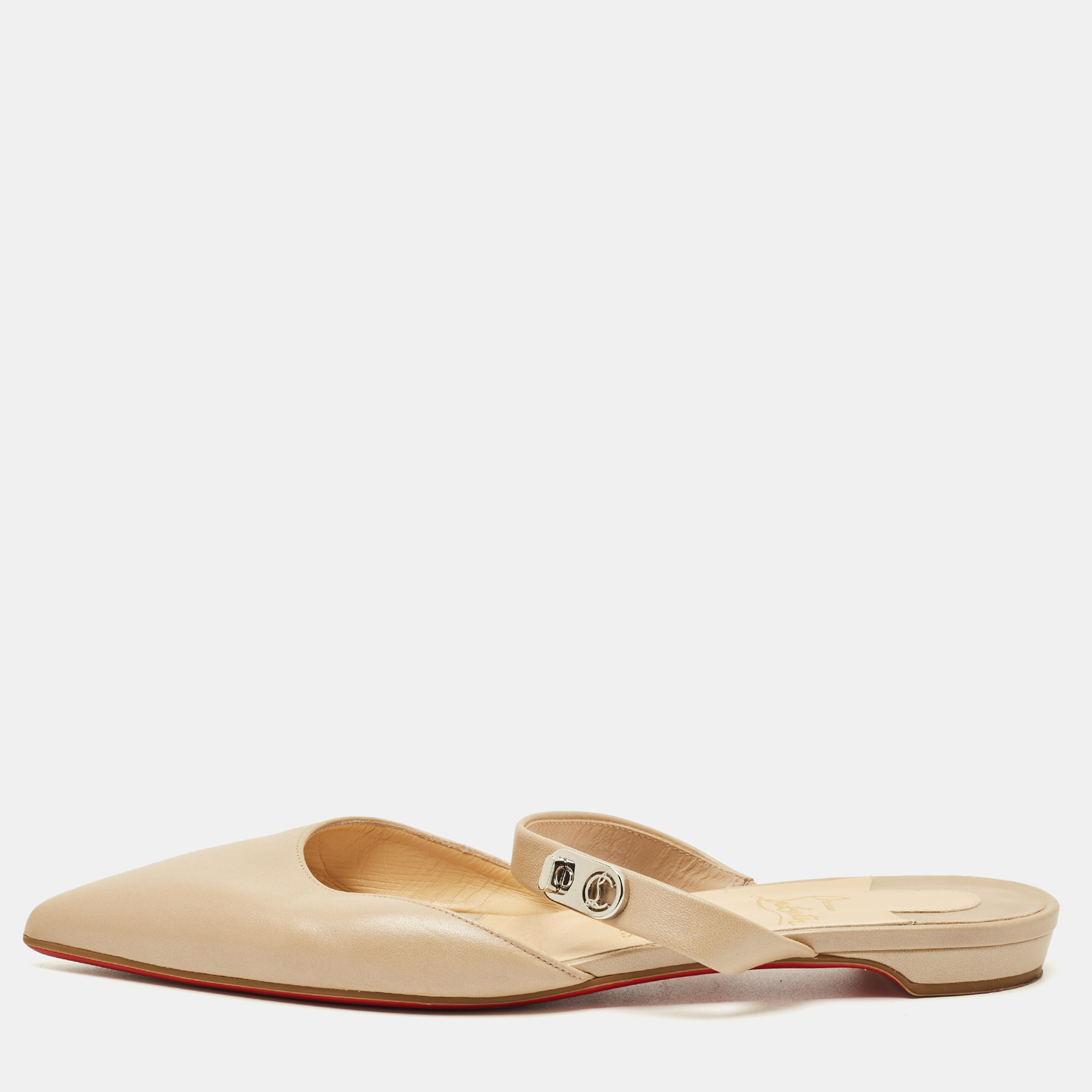 Pre-owned Christian Louboutin Beige Leather Choc Lock Flat Mules Size 41 In Sand