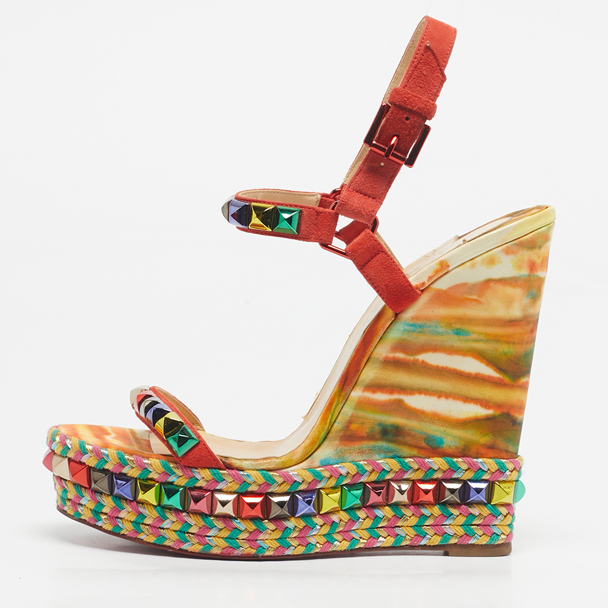 Pre-owned Christian Louboutin Multicolour Suede Studded Cataclou Platform Wedge Sandals Size 40