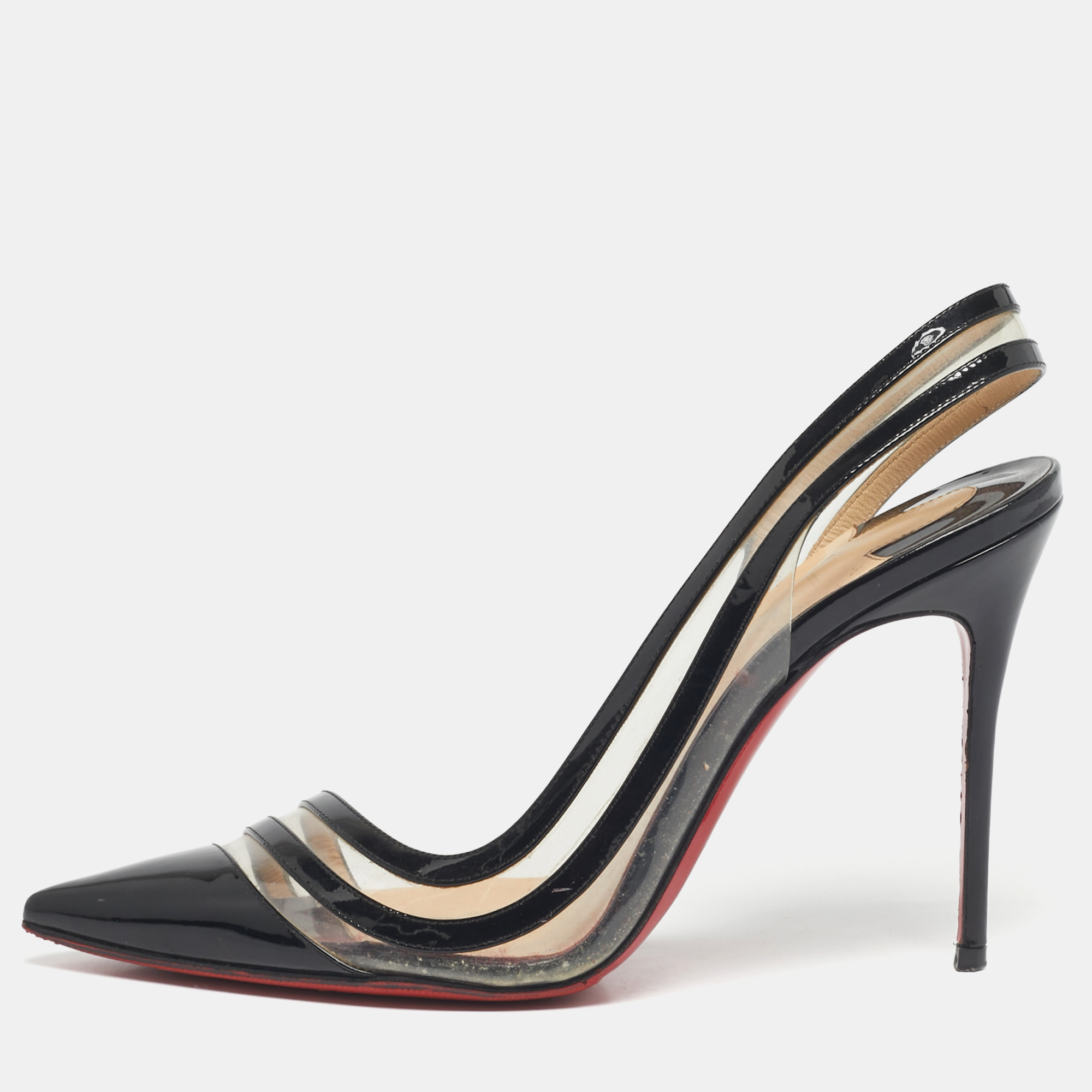 Pre-owned Christian Louboutin Two Tone Patent And Pvc Paralili D'orsay Pumps Size 38 In Black