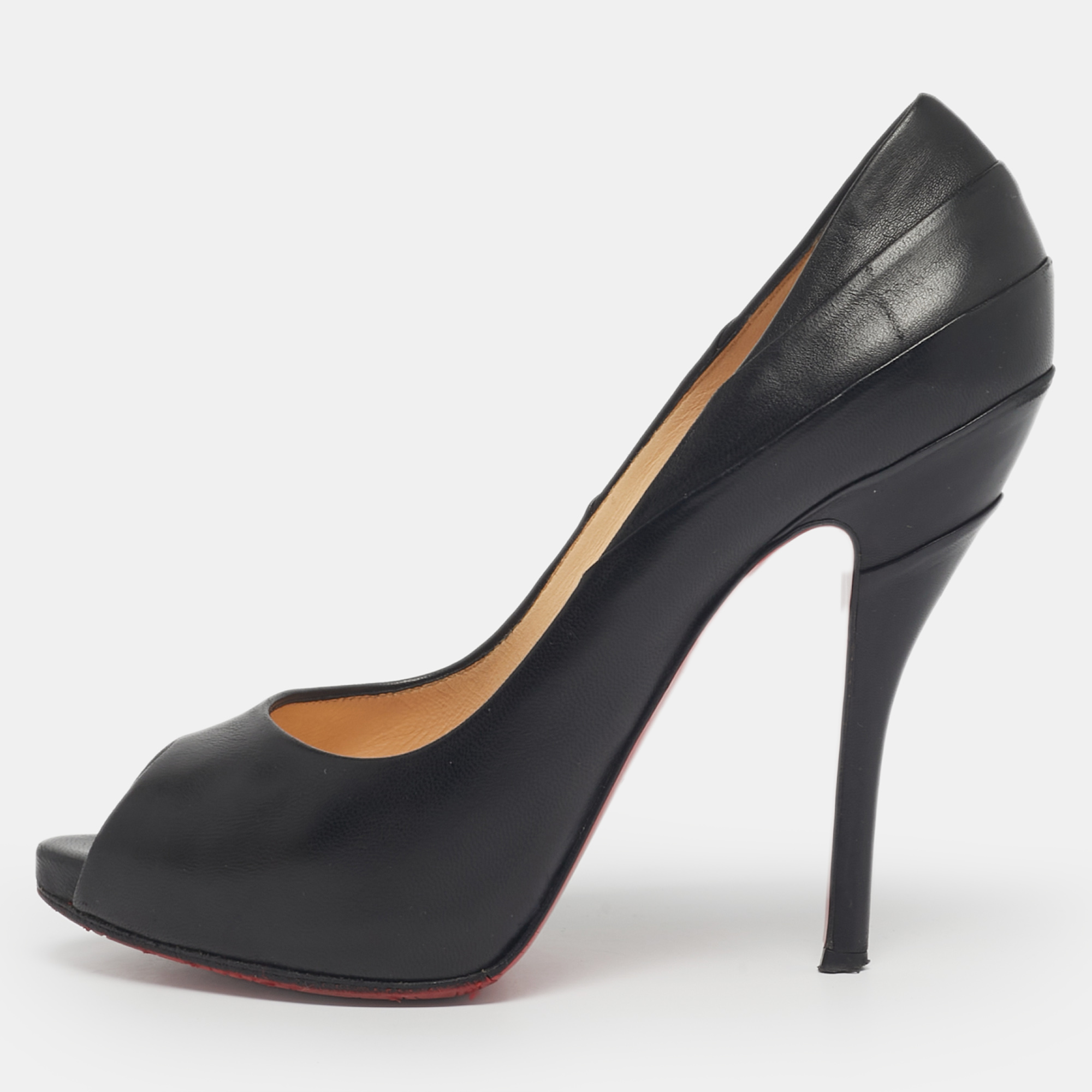 Pre-owned Christian Louboutin Black Leather Peep Toe Pumps Size 38.5