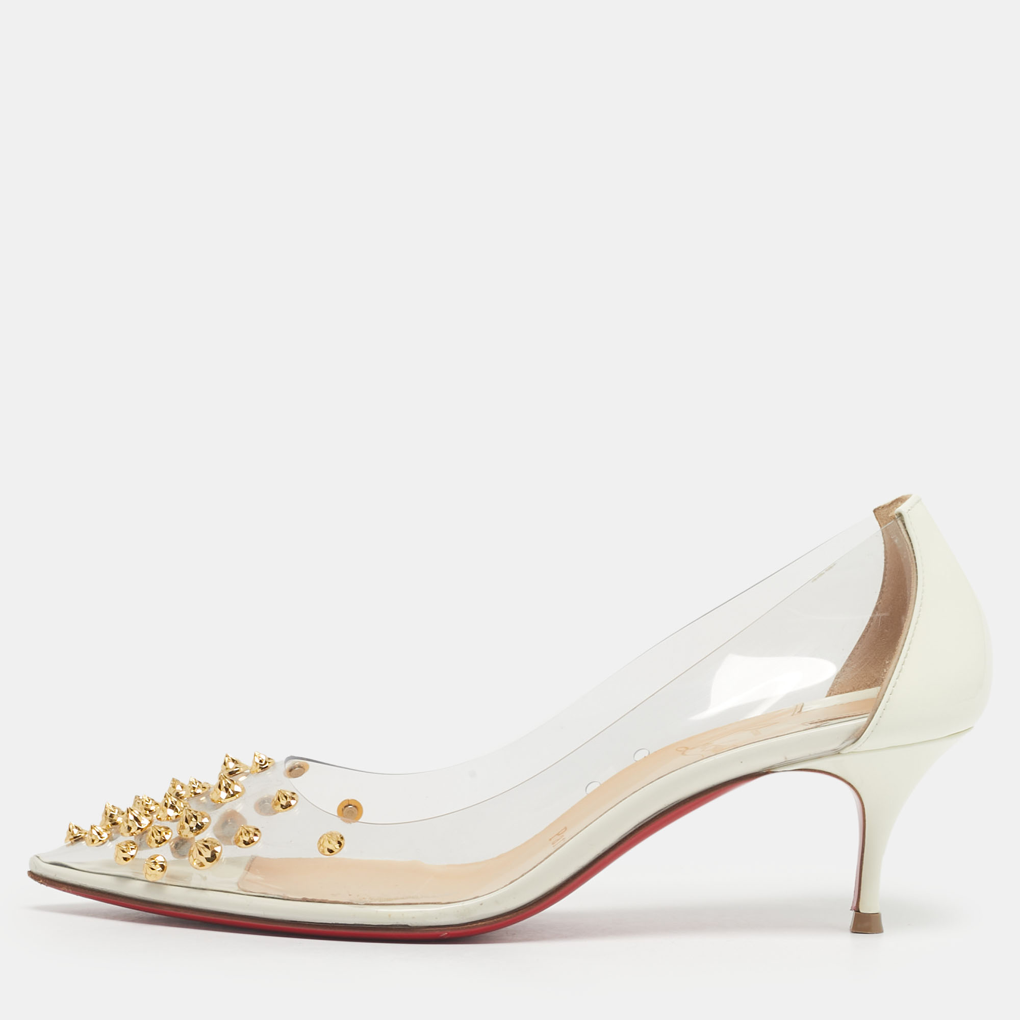 

Christian Louboutin White Patent Leather and PVC Collaclou Spikes Pumps Size