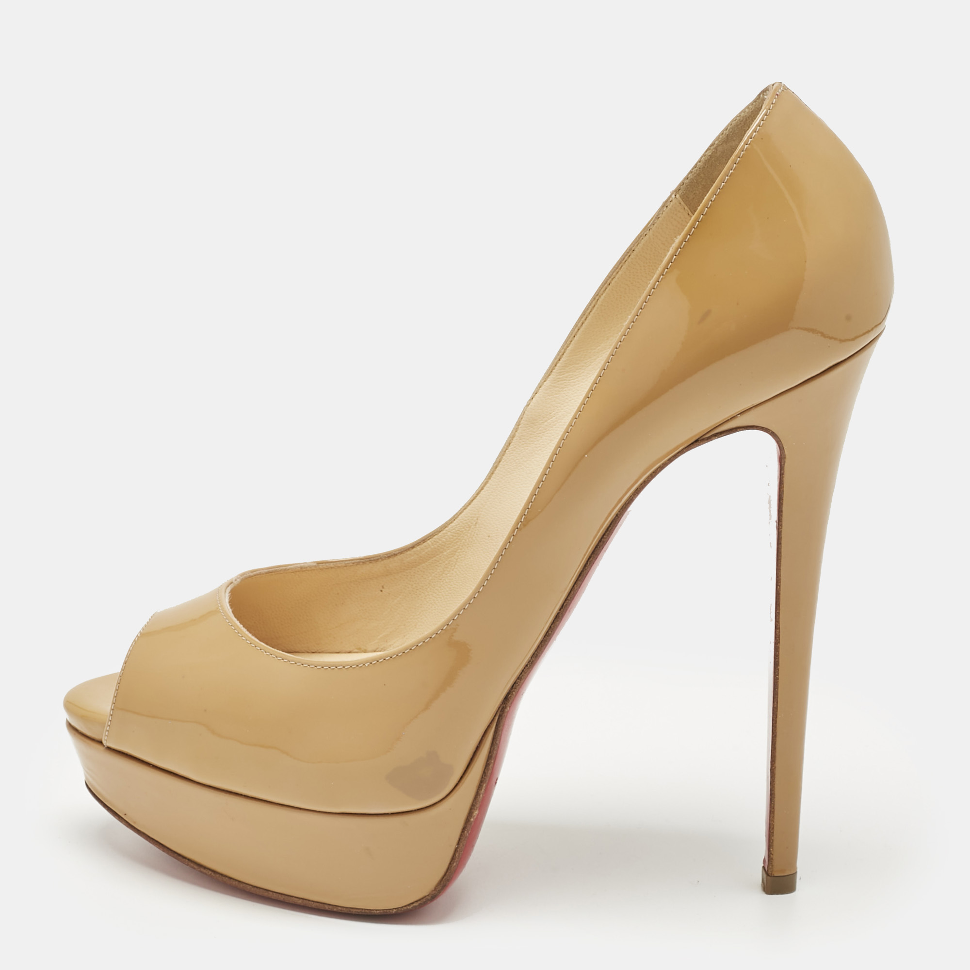 Pre-owned Christian Louboutin Beige Patent Leather Very Prive Peep Toe Pumps Size 39 In Sand