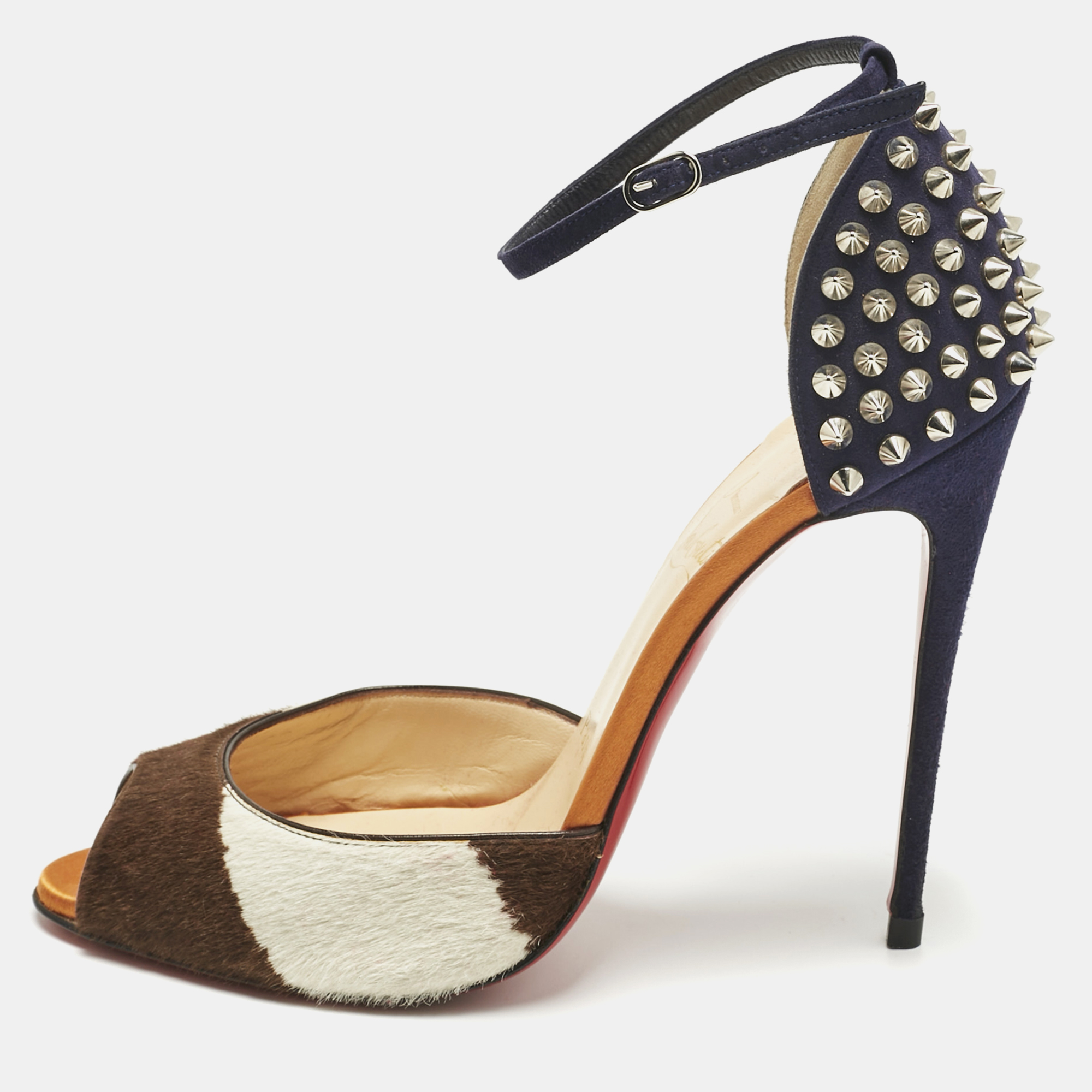

Christian Louboutin Tricolor Calf Hair and Suede Pina Spike Sandals Size, Navy blue