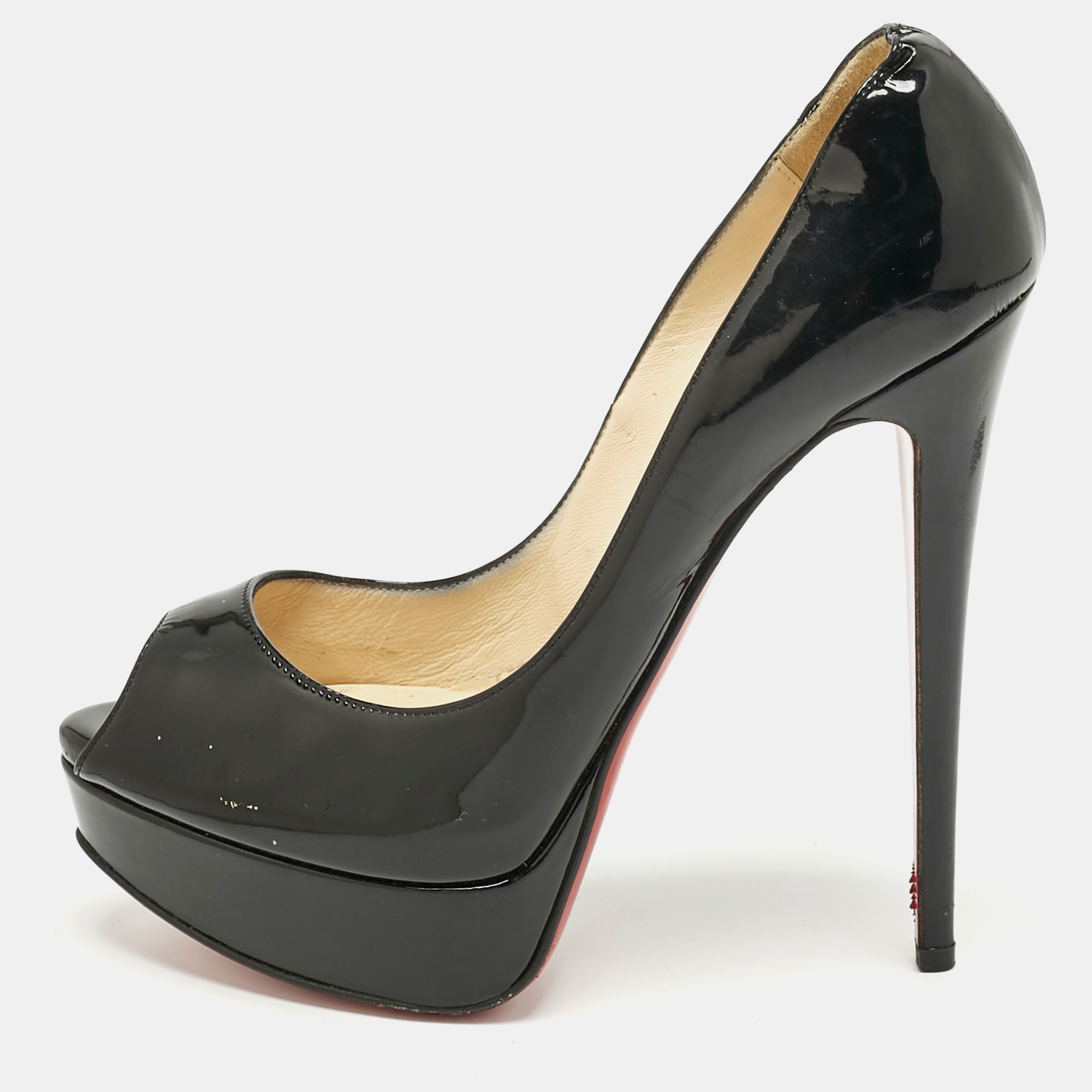 Pre-owned Christian Louboutin Black Patent Leather Lady Peep Toe Pumps Size 38