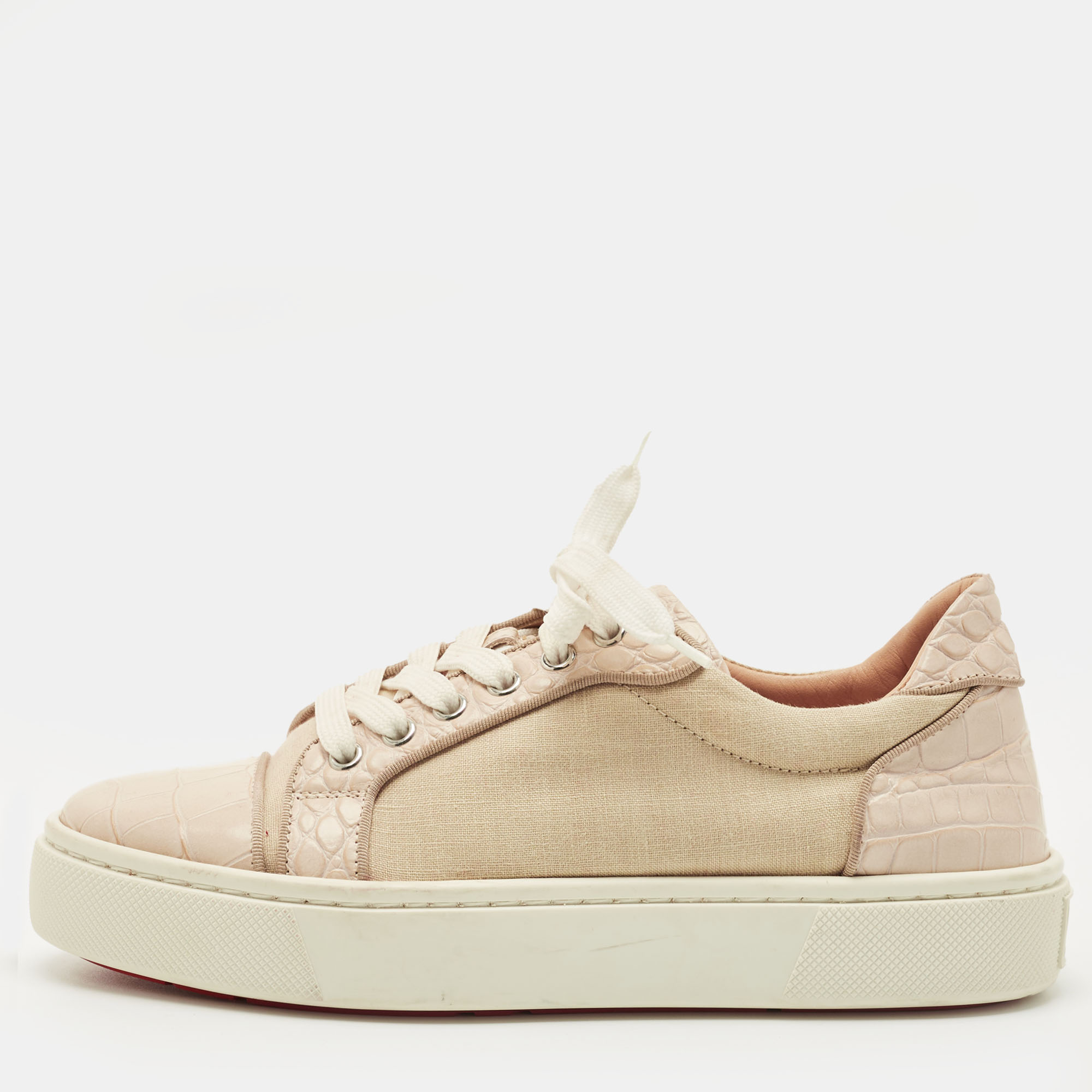 Christian Louboutin Cream/Beige Canvas and Croc Embossed Leather Vieirissima Low Top Sneakers Size 38
