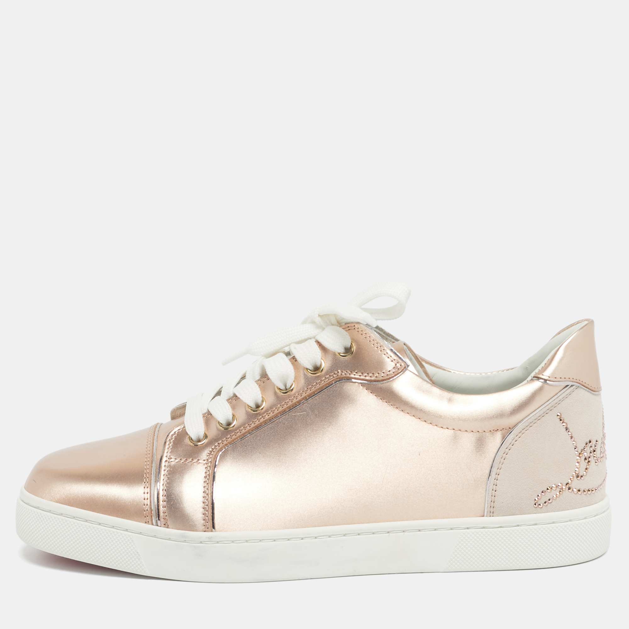 Christian Louboutin Rose Gold Leather and Suede Fun Vieira Low Top Sneakers Size 39
