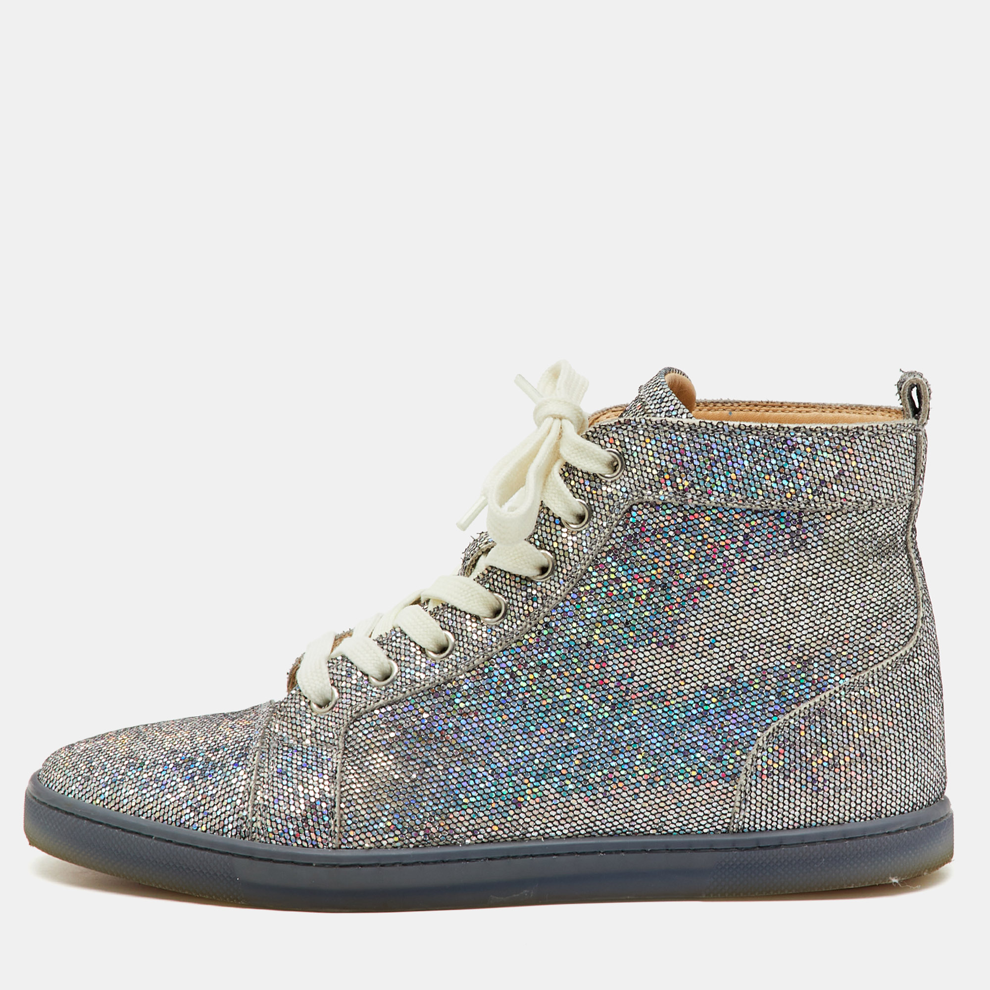 Christian Louboutin Silver Glitter Disco Ball Rantus Orlato High Top Sneakers Size 38.5