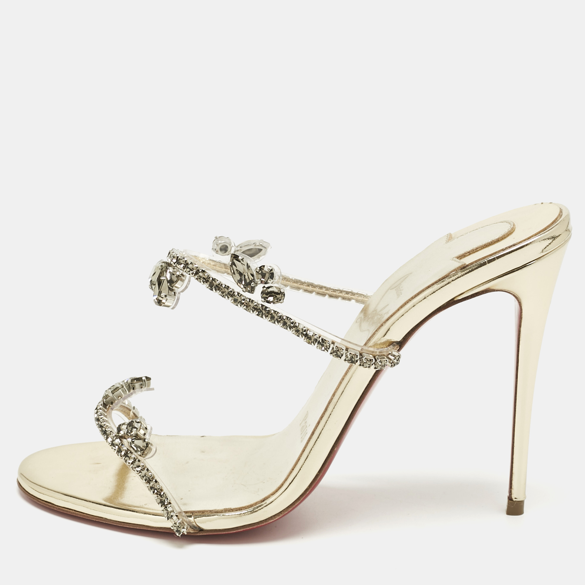 Pre-owned Christian Louboutin Gold Patent Leather And Pvc Just Queen Slide Sandals Size 36