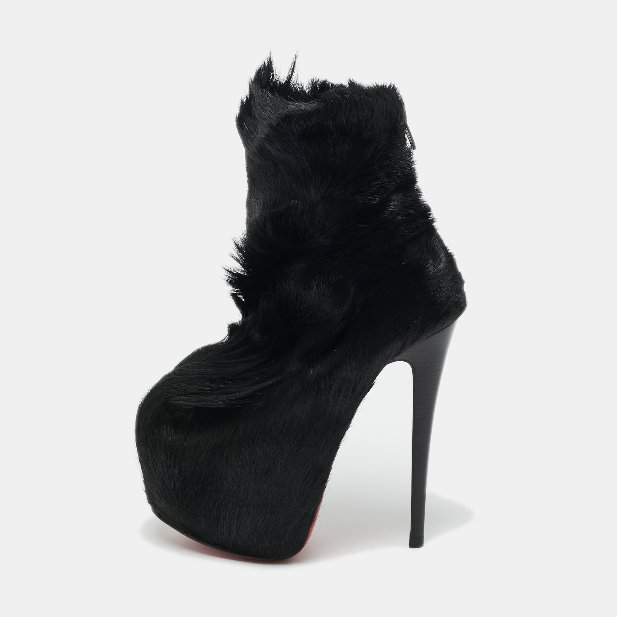 Pre-owned Christian Louboutin Black Calf Hair Puck Ankle Length Boots Size 35.5