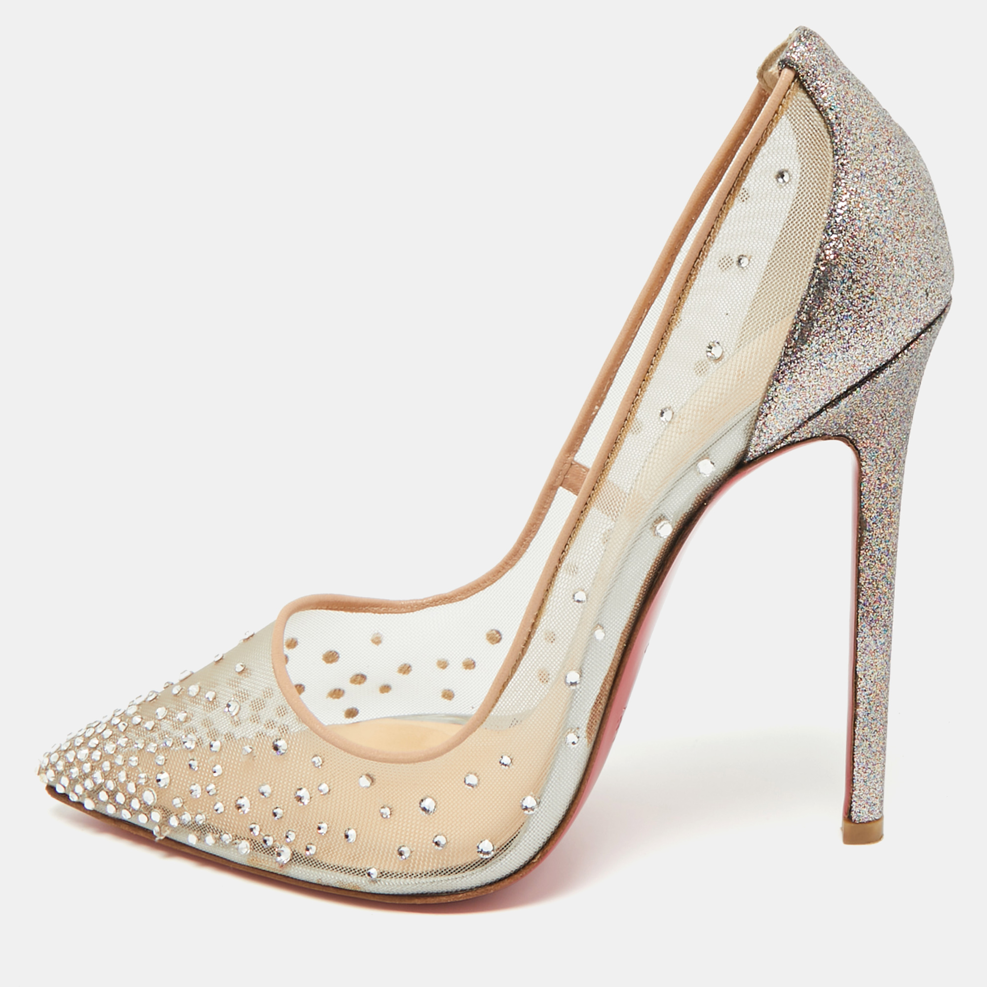 

Christian Louboutin Beige Mesh, Glitter and Leather Follies Strass Pumps Size