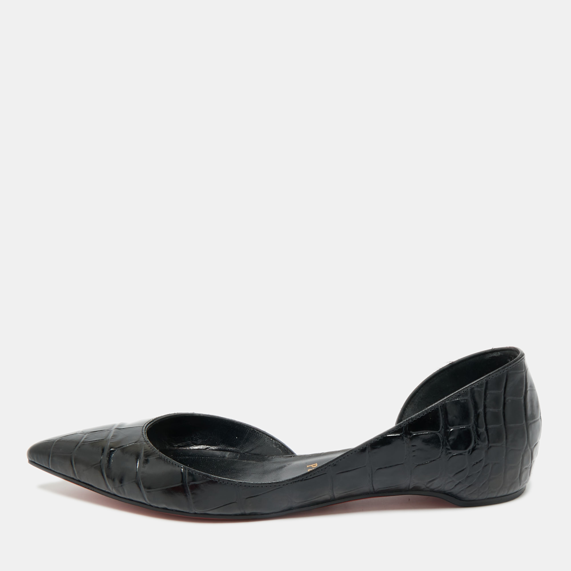 Pre-owned Christian Louboutin Croco Embossed Leather Iriza Ballet Flats Size 37.5 In Black