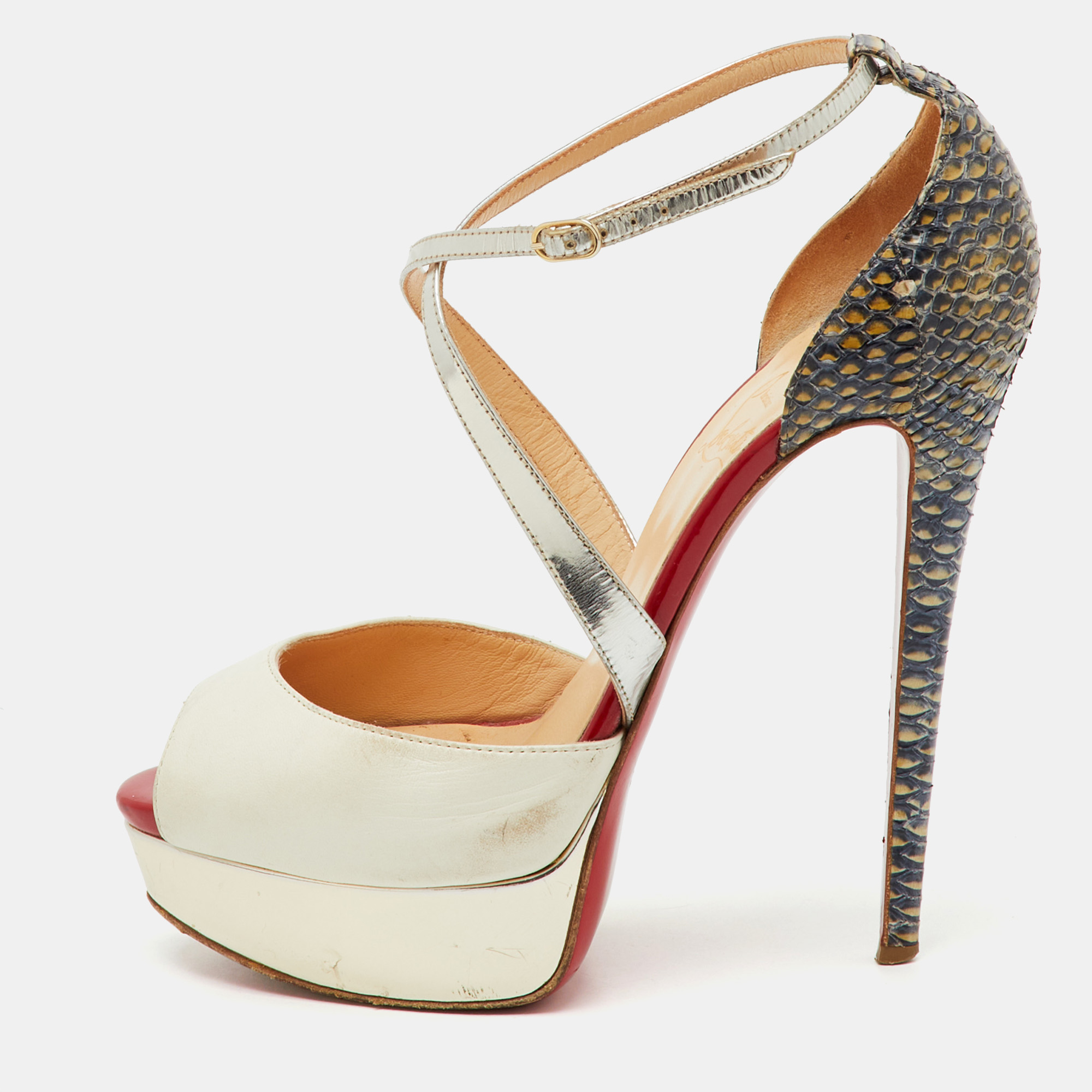 Pre-owned Christian Louboutin Multicolor Python And Leather Crisscross Peep Toe Platform Pumps Size 38