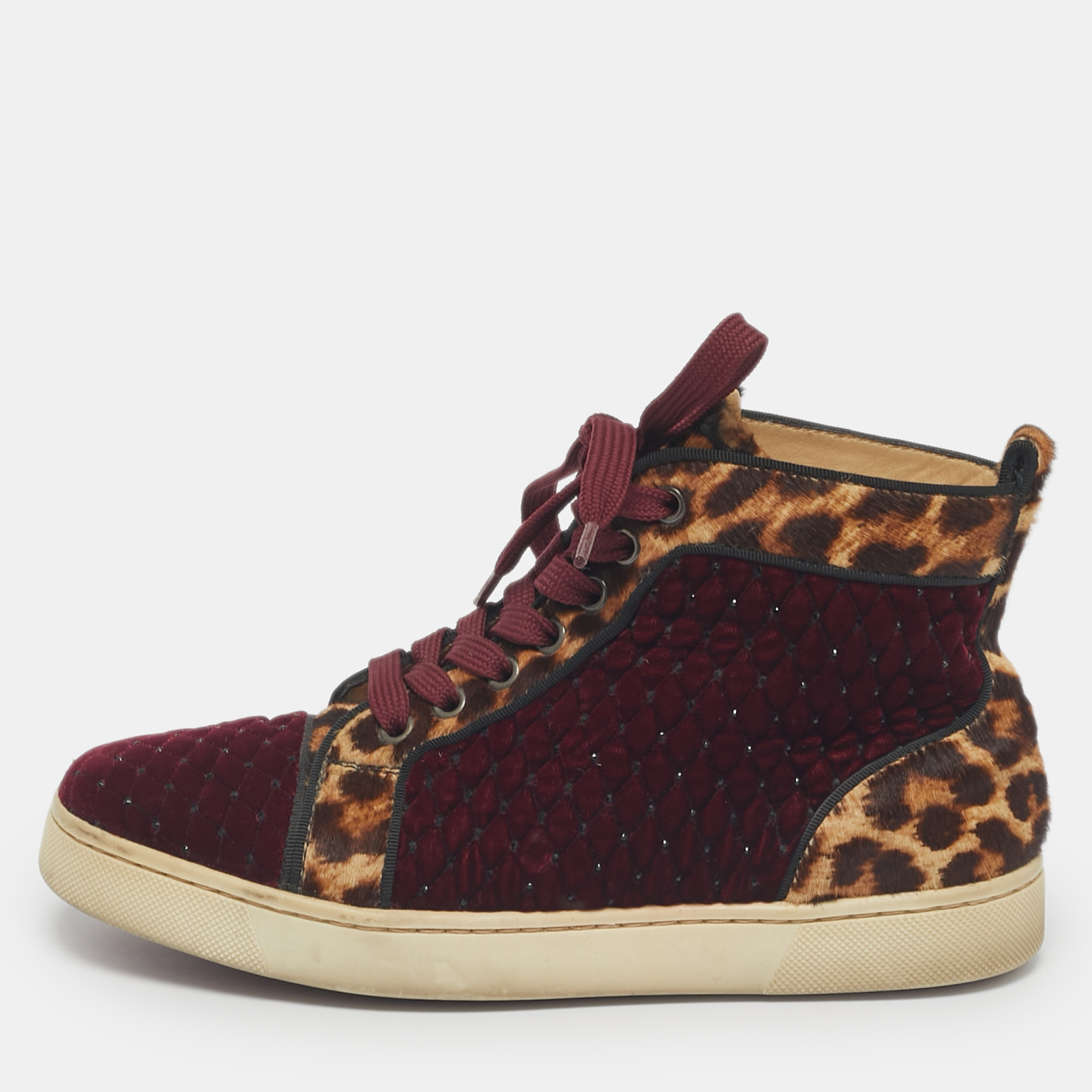 Pre-owned Christian Louboutin Burgundy/brown Leopard Print Calf Hair And Velvet Louis Orlato Sneakers Size 37