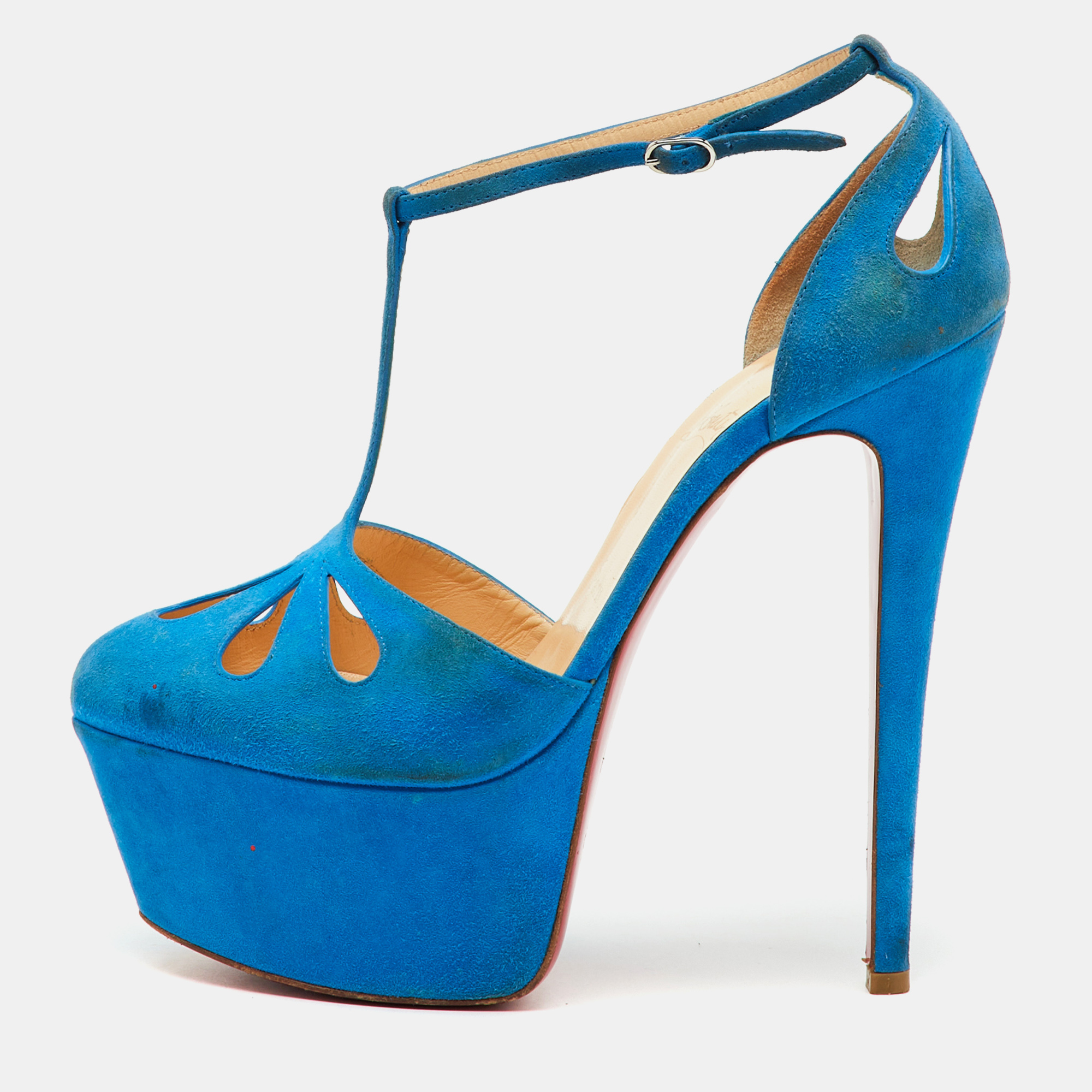 

Christian Louboutin Blue Suede Mayada T-Strap Platform Pumps Size