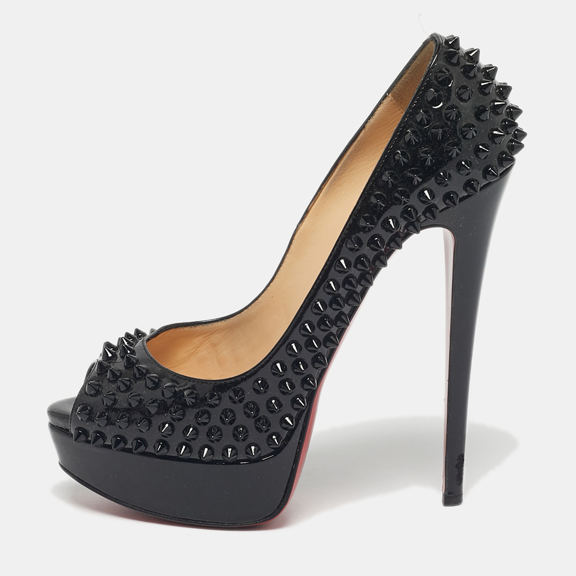 

Christian Louboutin Black Patent Leather Lady Peep Spikes Pumps Size