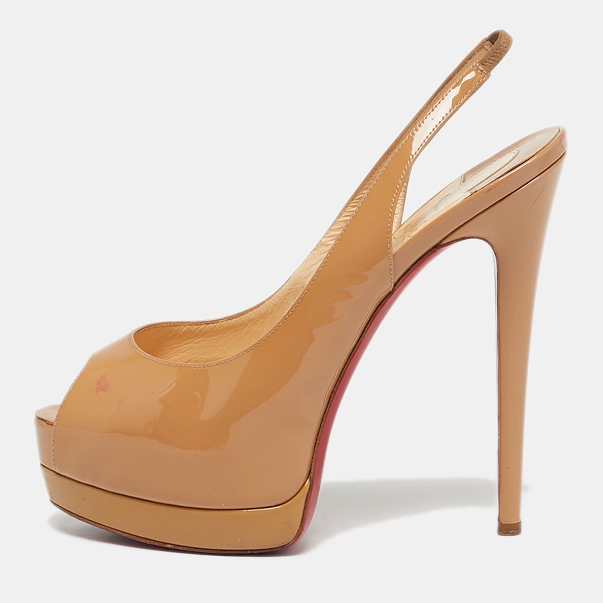 Pre-owned Christian Louboutin Beige Patent Leather Palais Royal Slingback Pumps Size 38 In Sand