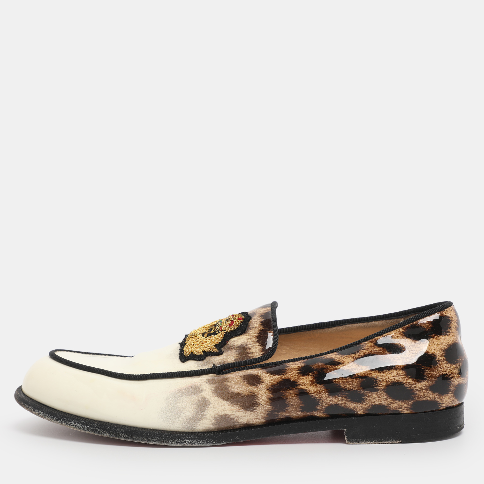 Pre-owned Christian Louboutin Cream Leopard Print Patent Leather Laperouza Loafers Size 38.5 In Sand