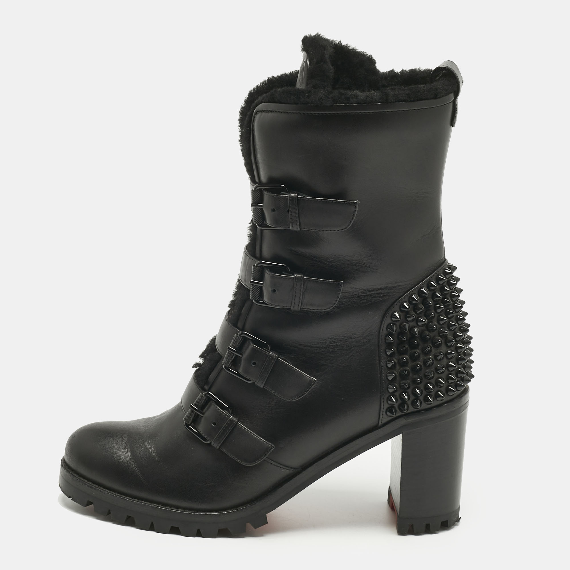 

Christian Louboutin Black Leather and Shearing Spike Accents Combat Boots Size
