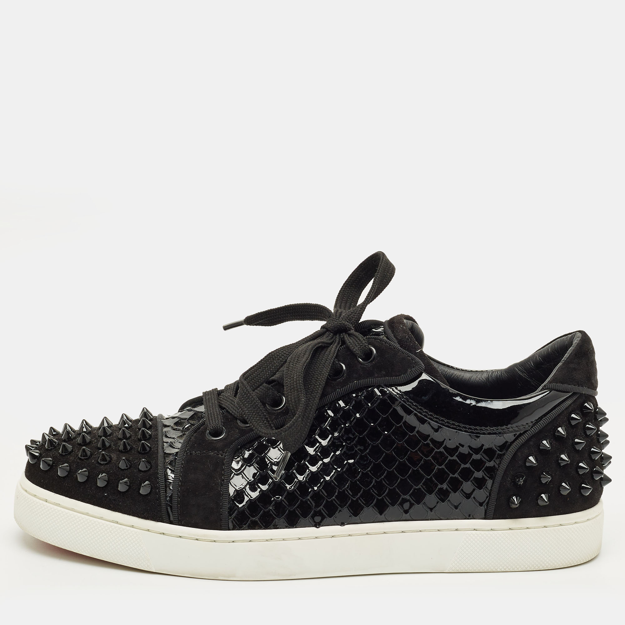 Pre-owned Christian Louboutin Black Python Leather And Suede Vieira Lace Up Sneakers Size 39