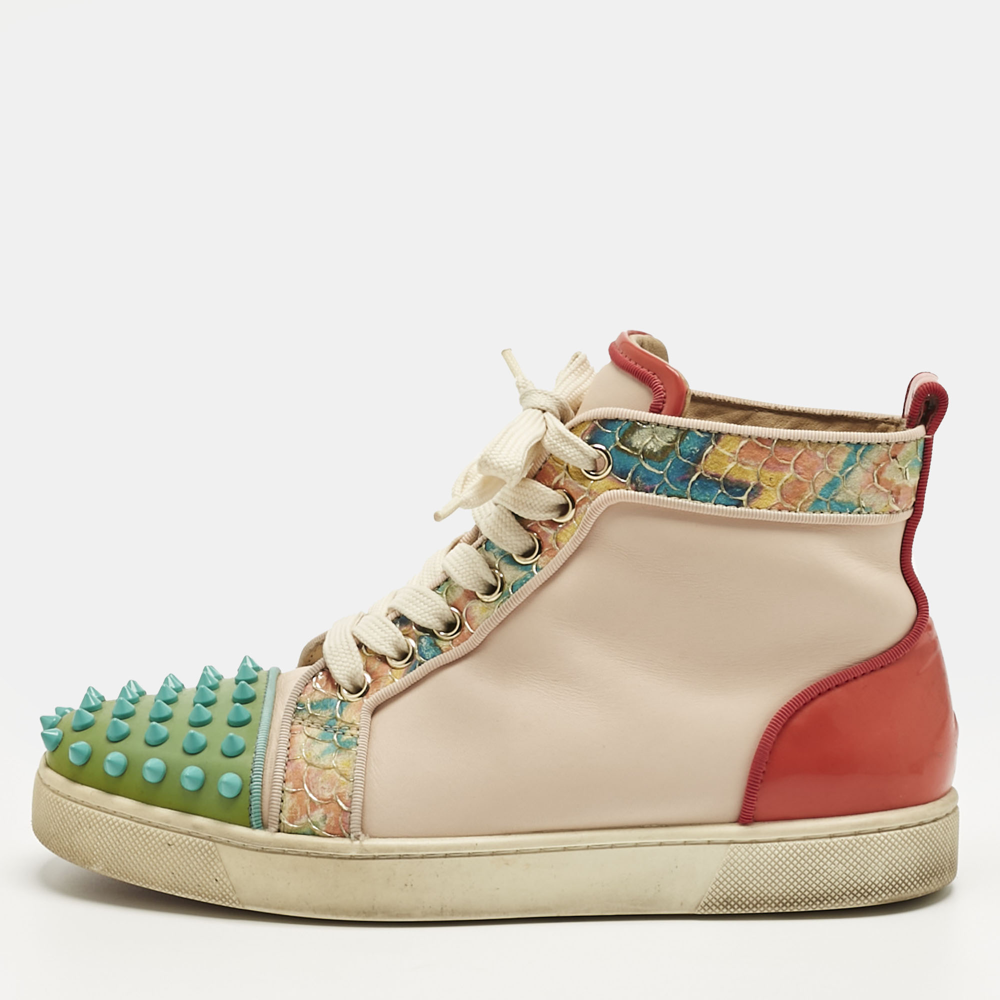 Pre-owned Christian Louboutin Multicolor Patent And Leather Louis Spikes High Top Sneakers Size 37.5