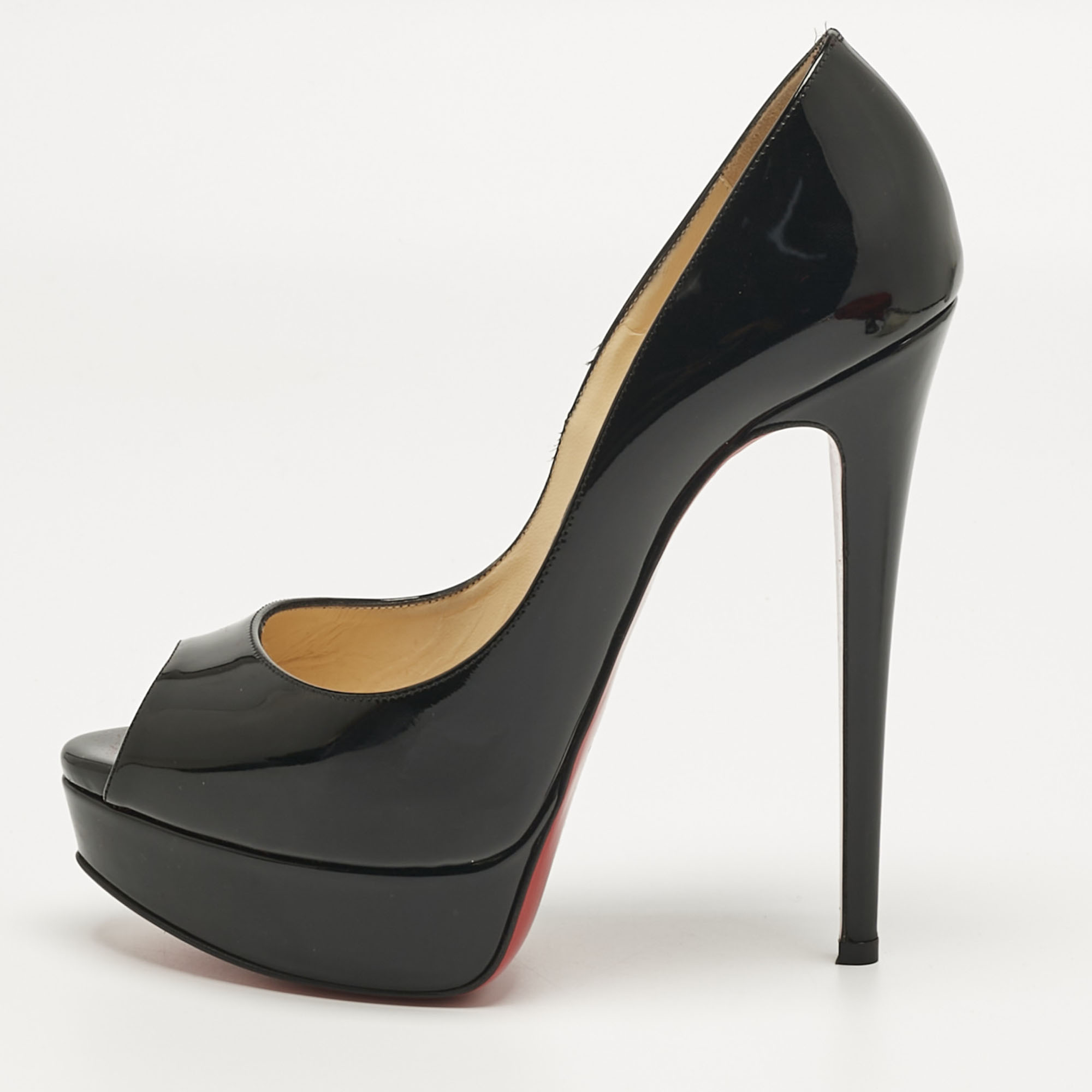 

Christian Louboutin Black Patent Leather Lady Peep Platform Pumps Size