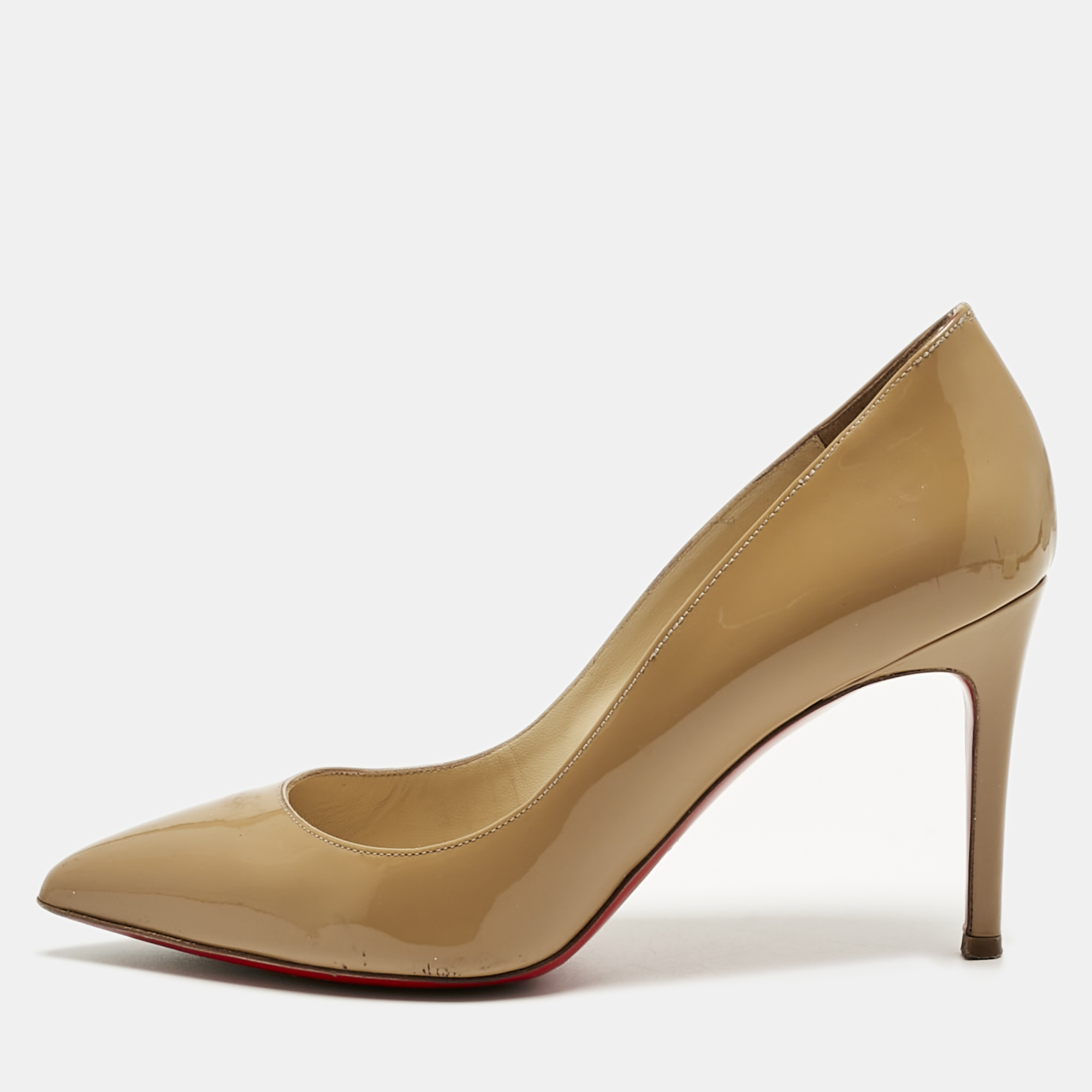 Pre-owned Christian Louboutin Beige Patent Leather Pigalle Follies Pumps Size 37.5 In Sand