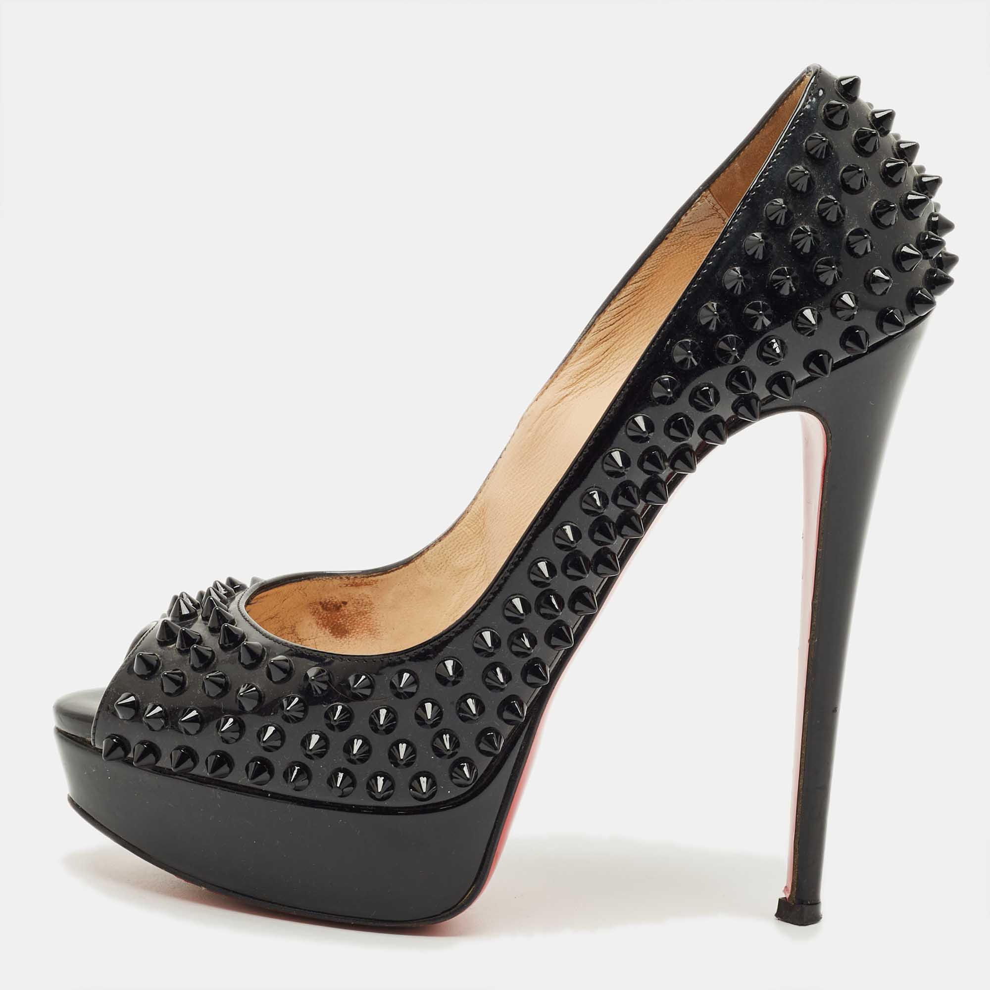

Christian Louboutin Black Patent Lady Peep Toe Spikes Platform Pumps Size