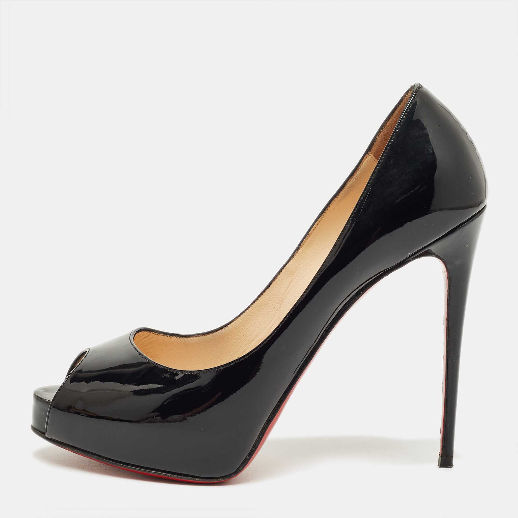 Pre-owned Christian Louboutin Black Patent Leather Very Prive Peep Toe Pumps Size 37