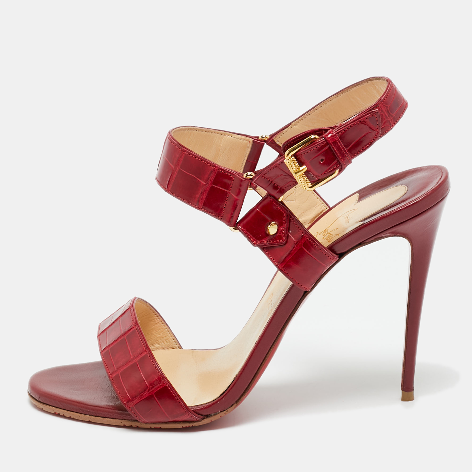 

Christian Louboutin Red Alligator Leather Ankle Strap Sandals Size
