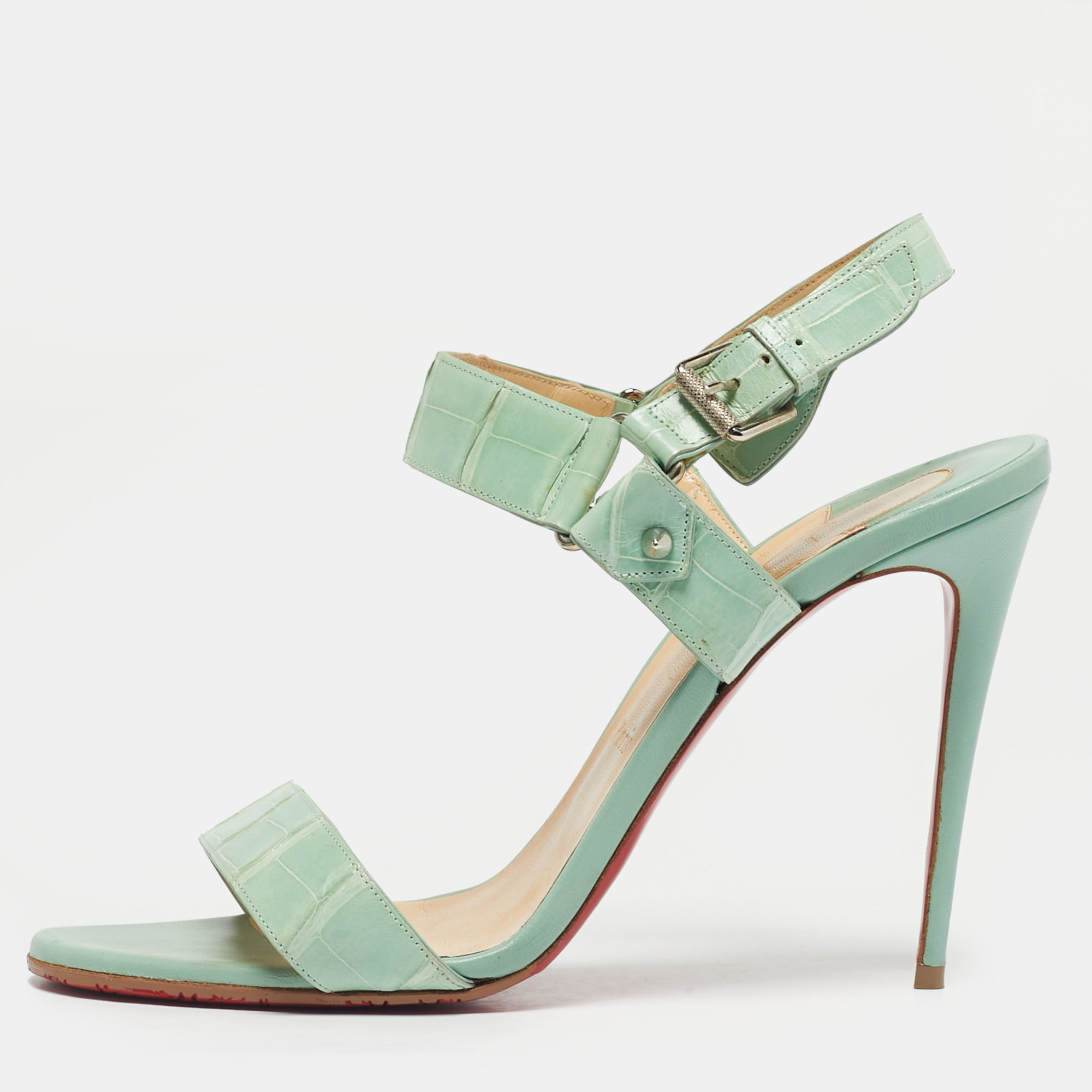 Pre-owned Christian Louboutin Green Alligator Leather Sova Ankle Strap Sandals Size 39.5