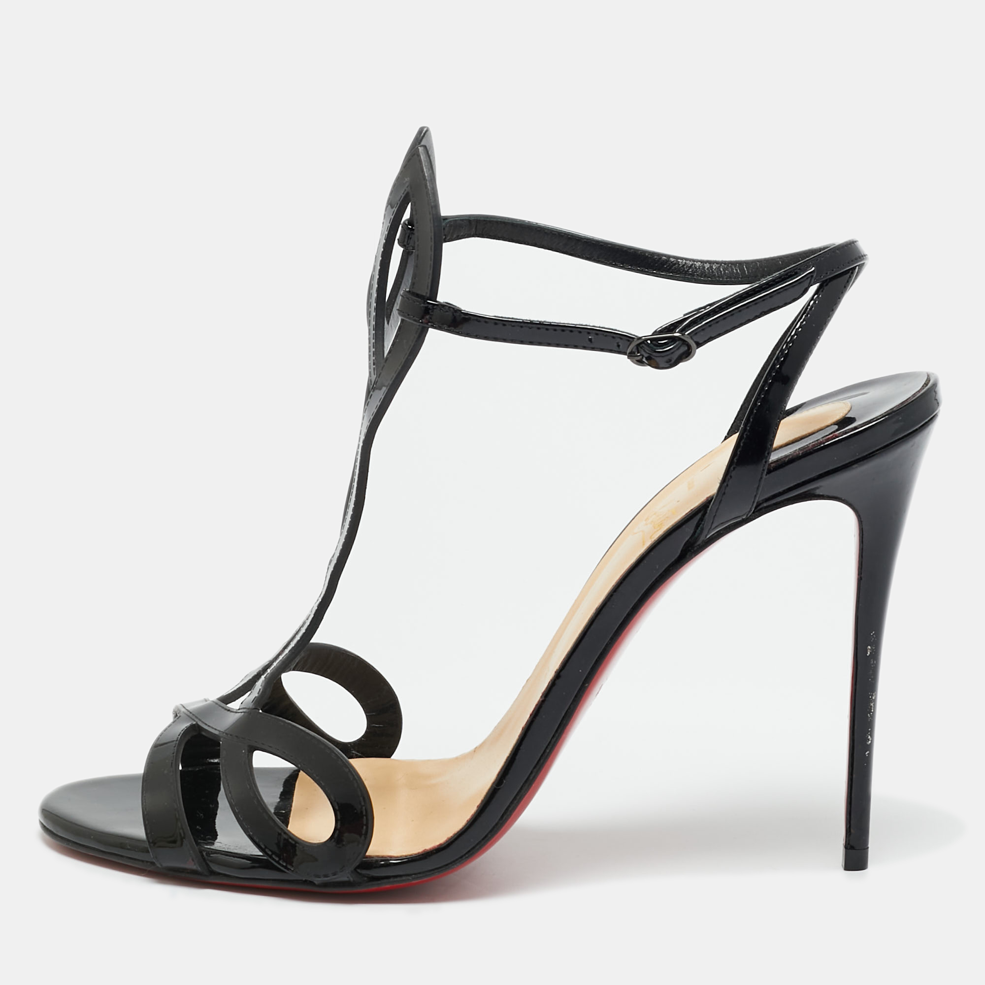 

Christian Louboutin Black Patent Leather L 100 Ankle Strap Sandals Size