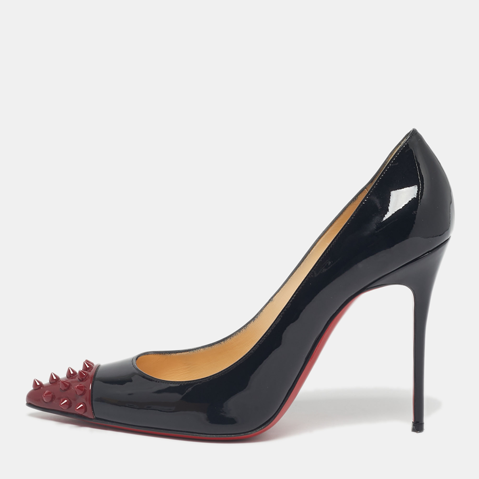 Pre-owned Christian Louboutin Black Patent Leather Geo Spike Studded Cap Toe Pumps Size 40