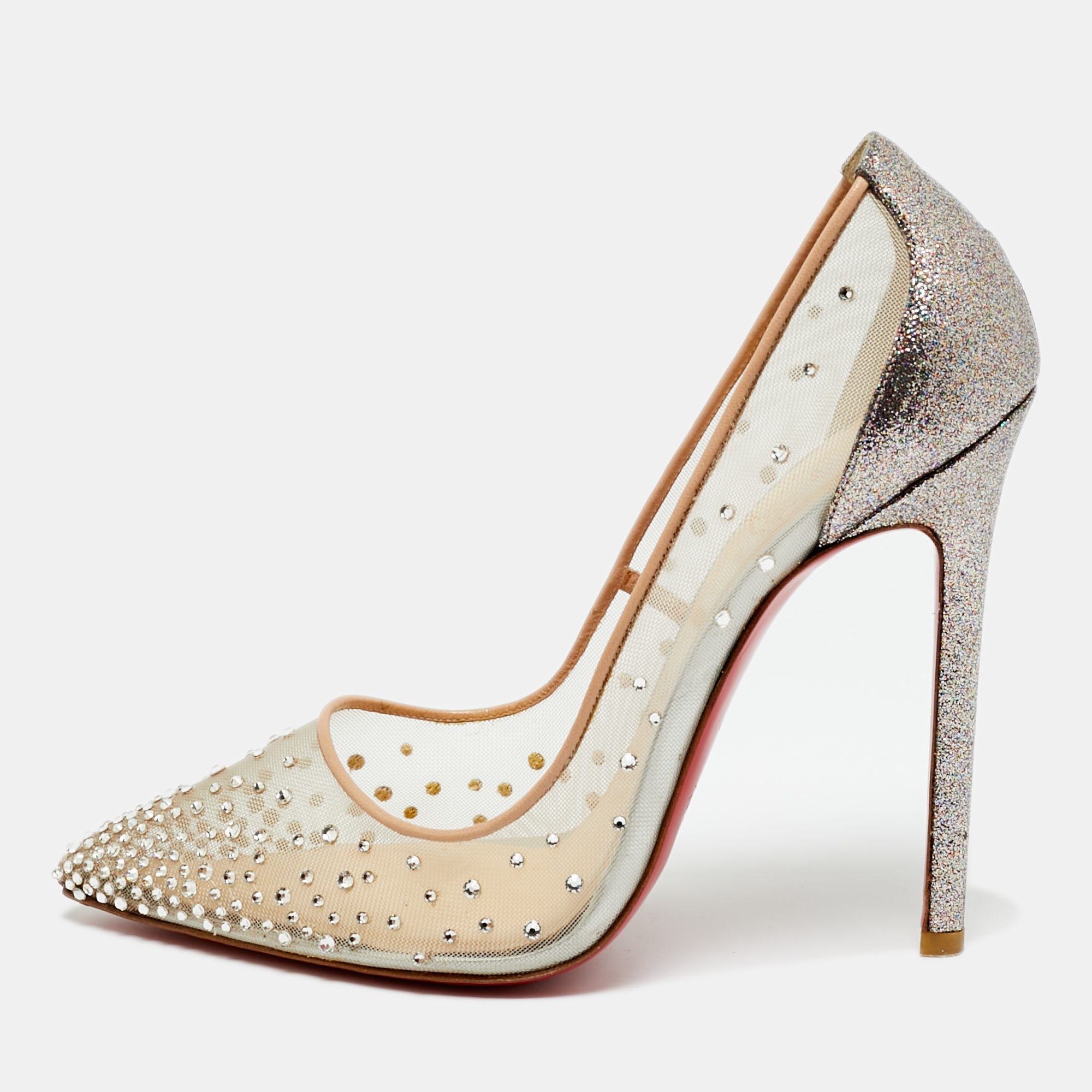 Pre-owned Christian Louboutin Metallic/beige Mesh And Velvet Follies Strass Pumps Size 38.5 In Silver