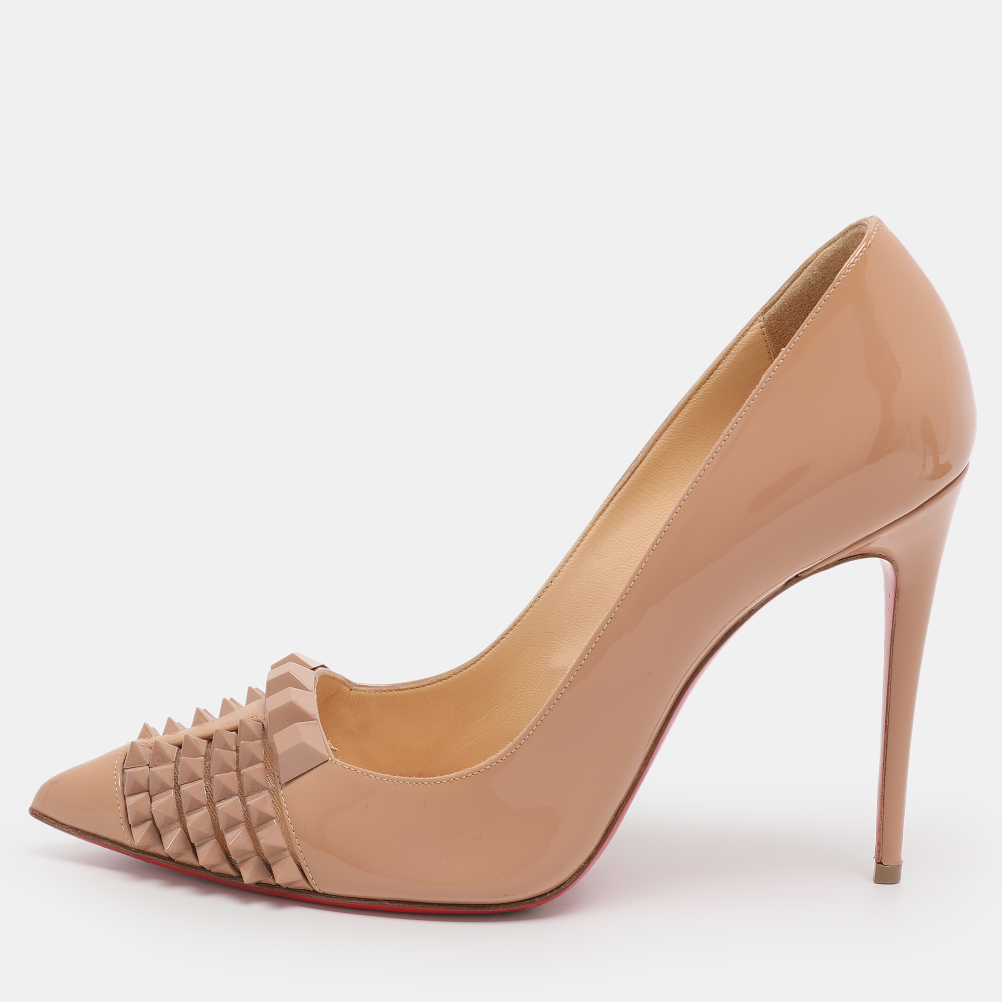 Pre-owned Christian Louboutin Beige Patent Leather Pyrami Pumps Size 37.5 In Sand