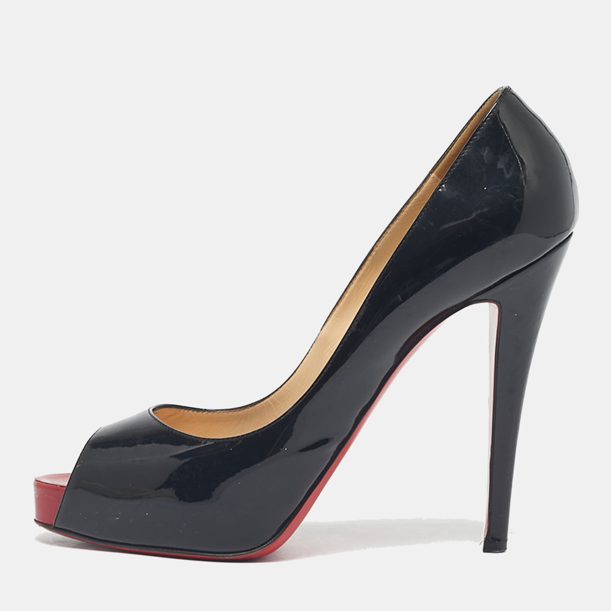 

Christian Louboutin Black Patent Leather Very Prive Peep Toe Pumps Size