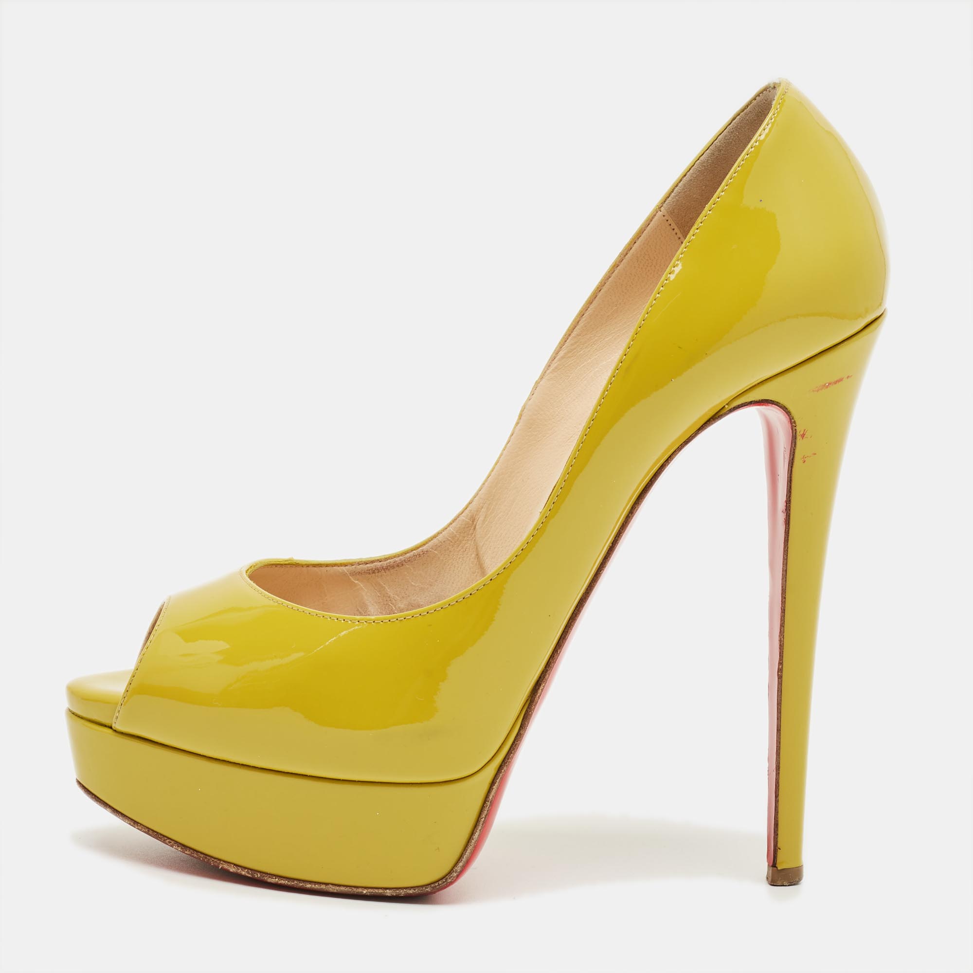 Pre-owned Christian Louboutin Green Patent Leather Lady Peep Pumps Size 38