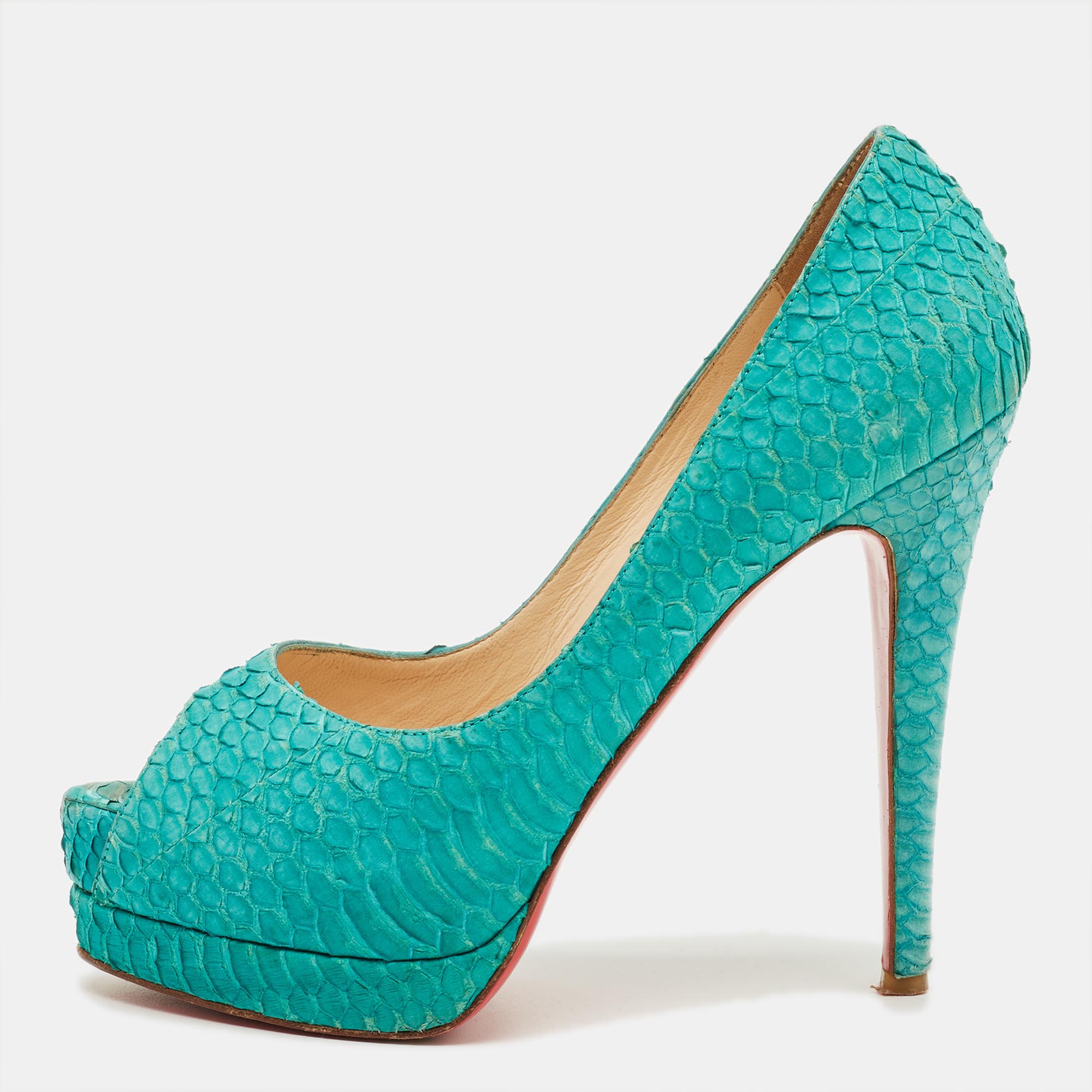 Pre-owned Christian Louboutin Green Python Leather Lady Peep Pumps Size 36 In Blue
