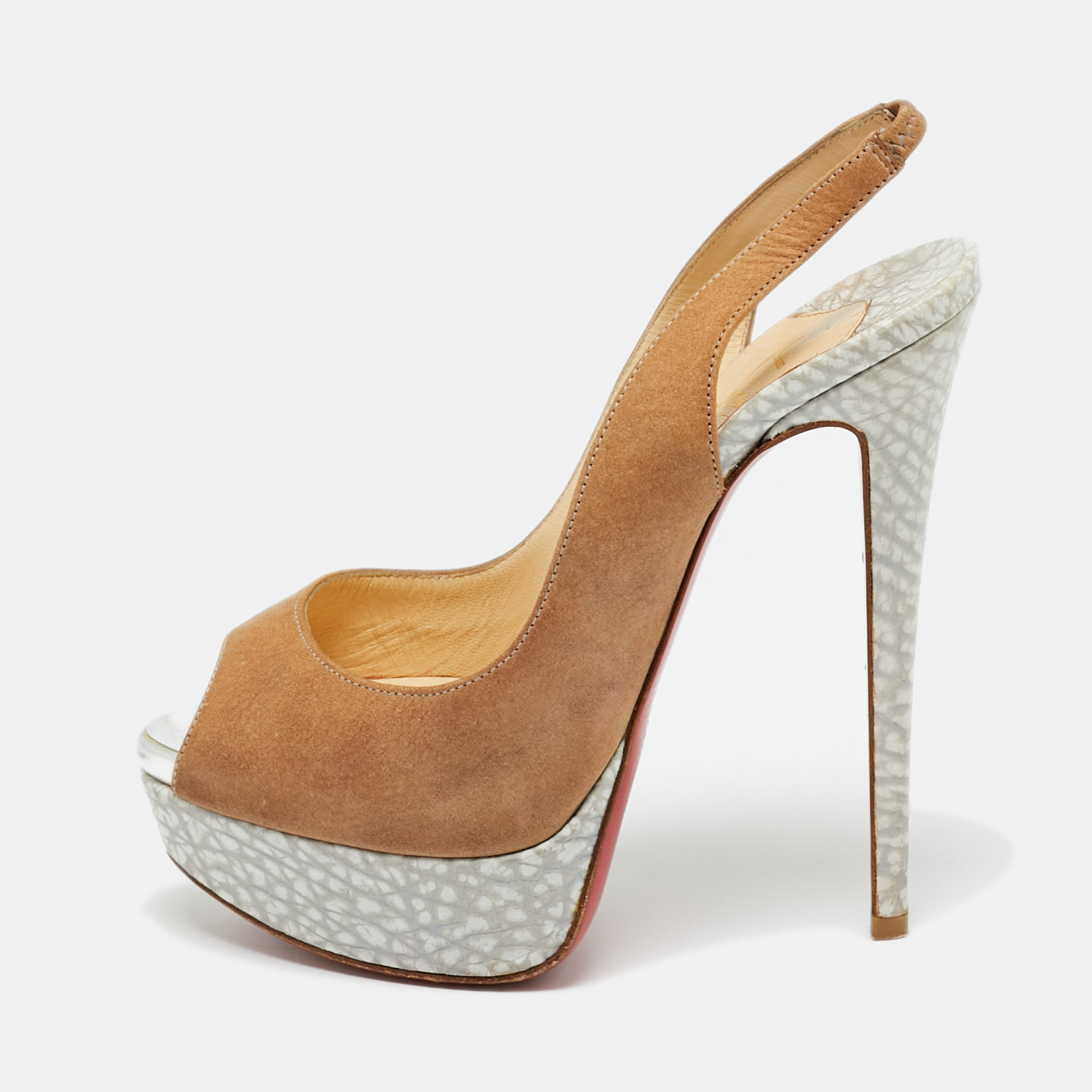 Pre-owned Christian Louboutin Beige Nubuck Leather Lady Peep Sling Platform Pumps Size 36 In Sand