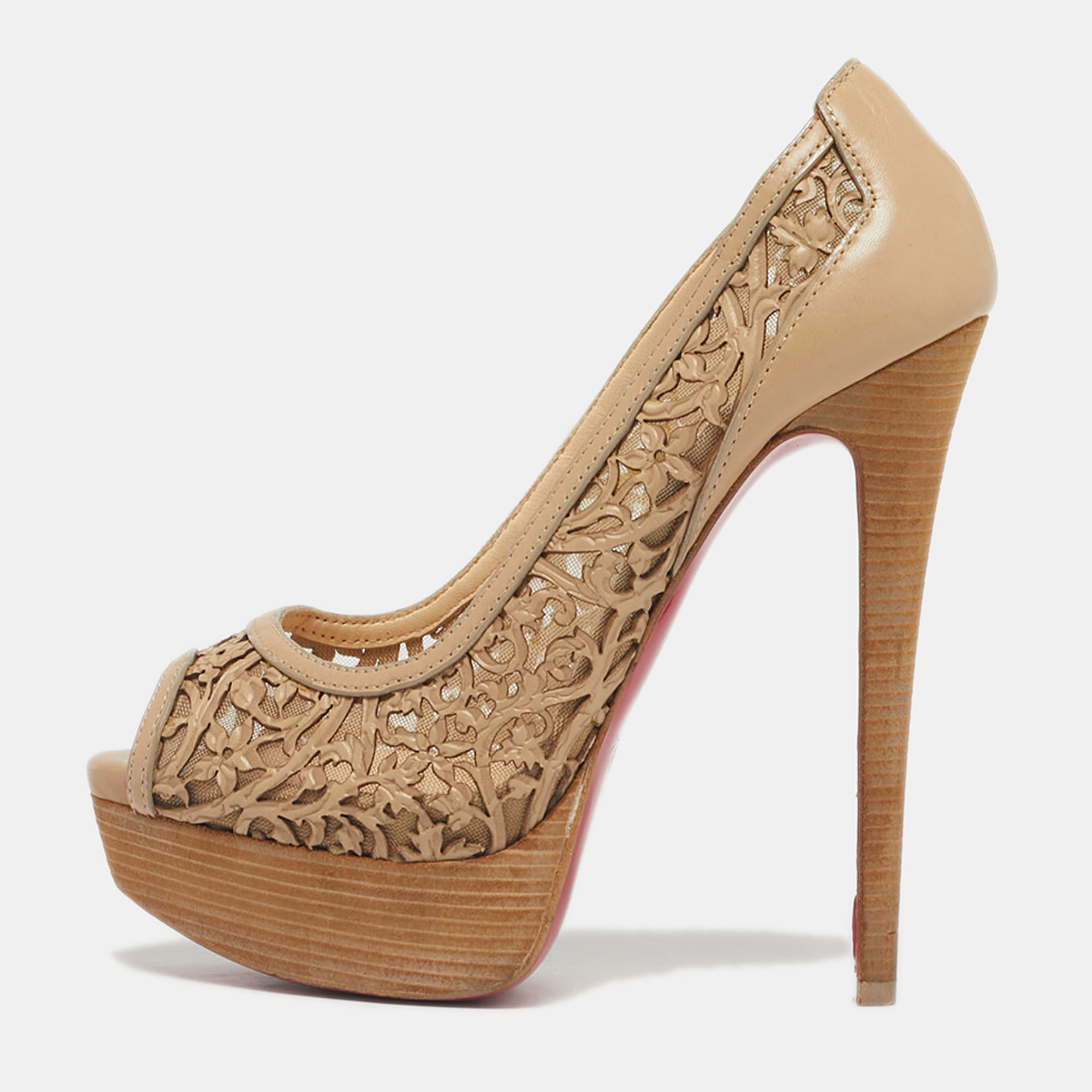 Pre-owned Christian Louboutin Beige Leather Cut Out Pampas Peep Toe Pumps Size 36 In Sand